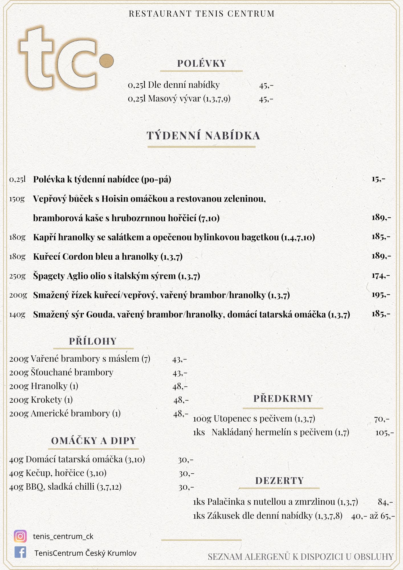 Speci&aacute;ln&iacute; nab&iacute;dka Restaurace TenisCentrum