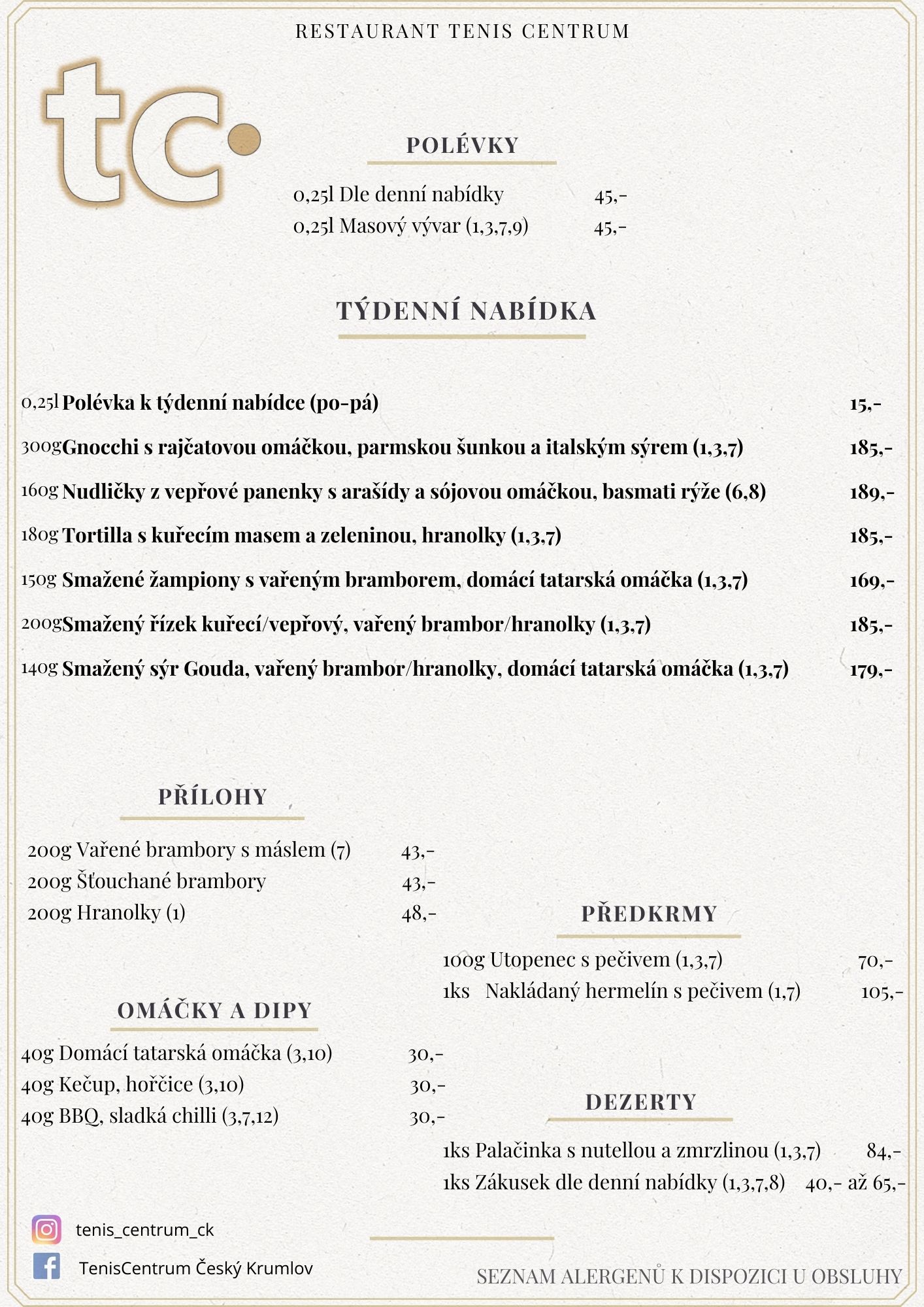 Speci&aacute;ln&iacute; nab&iacute;dka Restaurace TenisCentrum