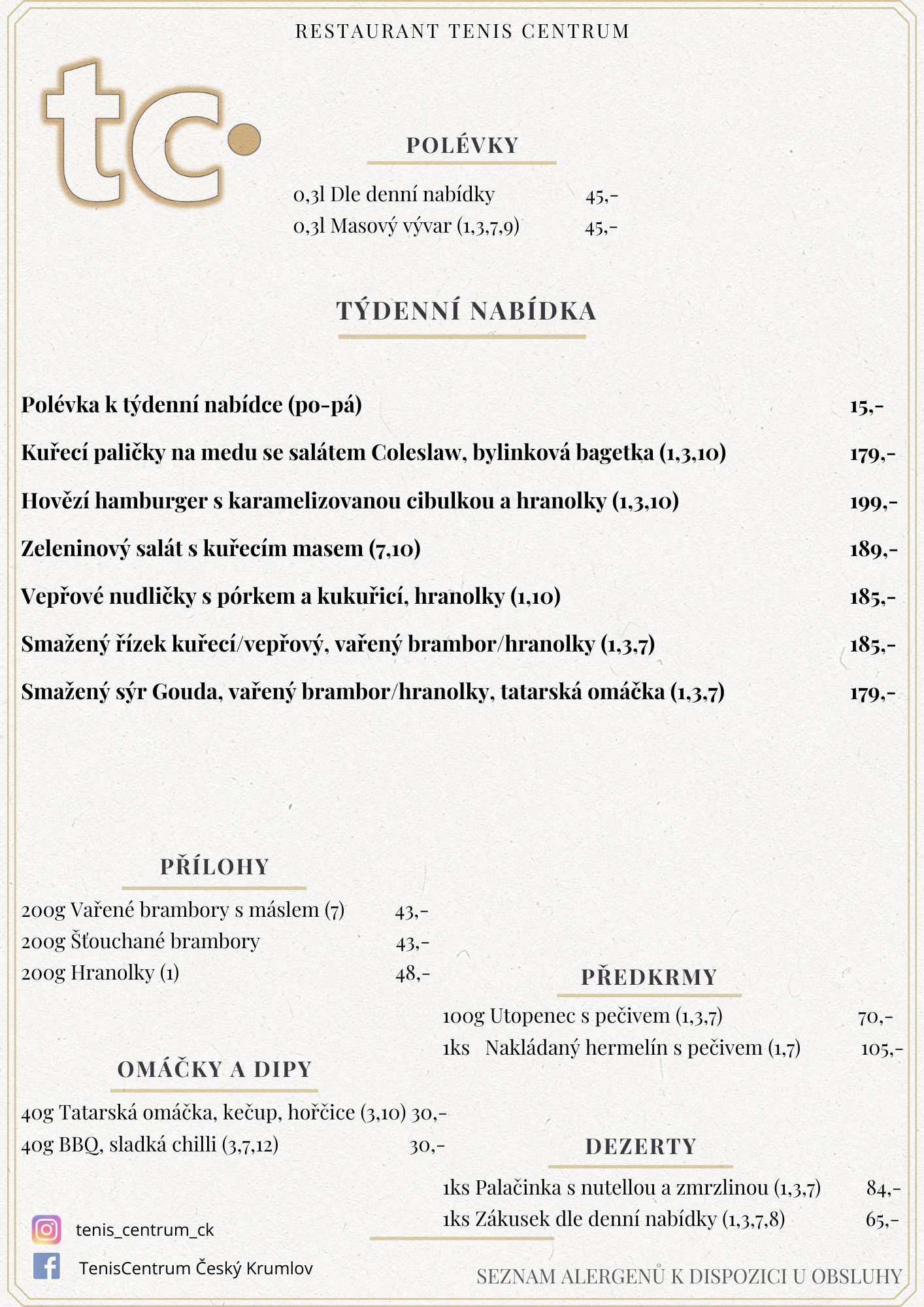 Speciální nabídka Restaurace TenisCentrum