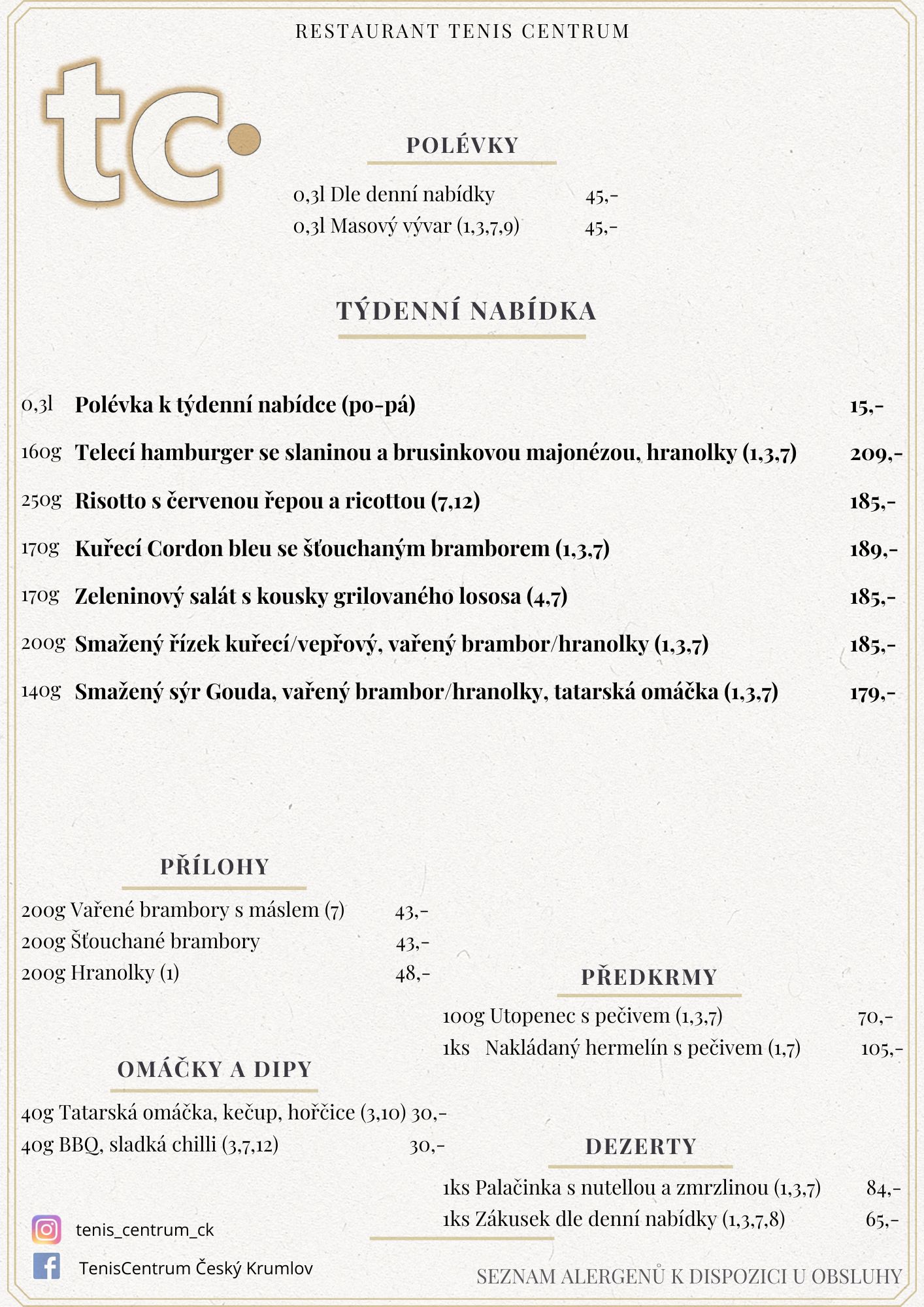 Speciální nabídka Restaurace TenisCentrum