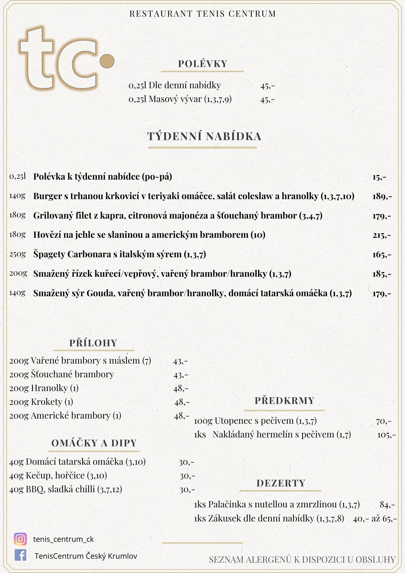 Speci&aacute;ln&iacute; nab&iacute;dka Restaurace TenisCentrum