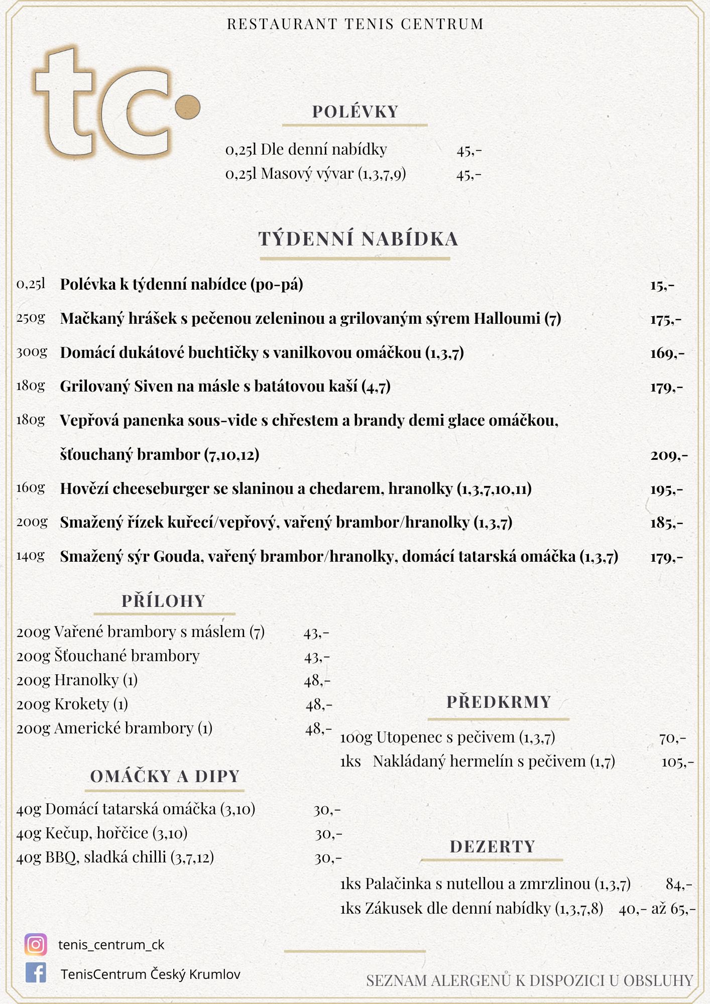 Speci&aacute;ln&iacute; nab&iacute;dka Restaurace TenisCentrum