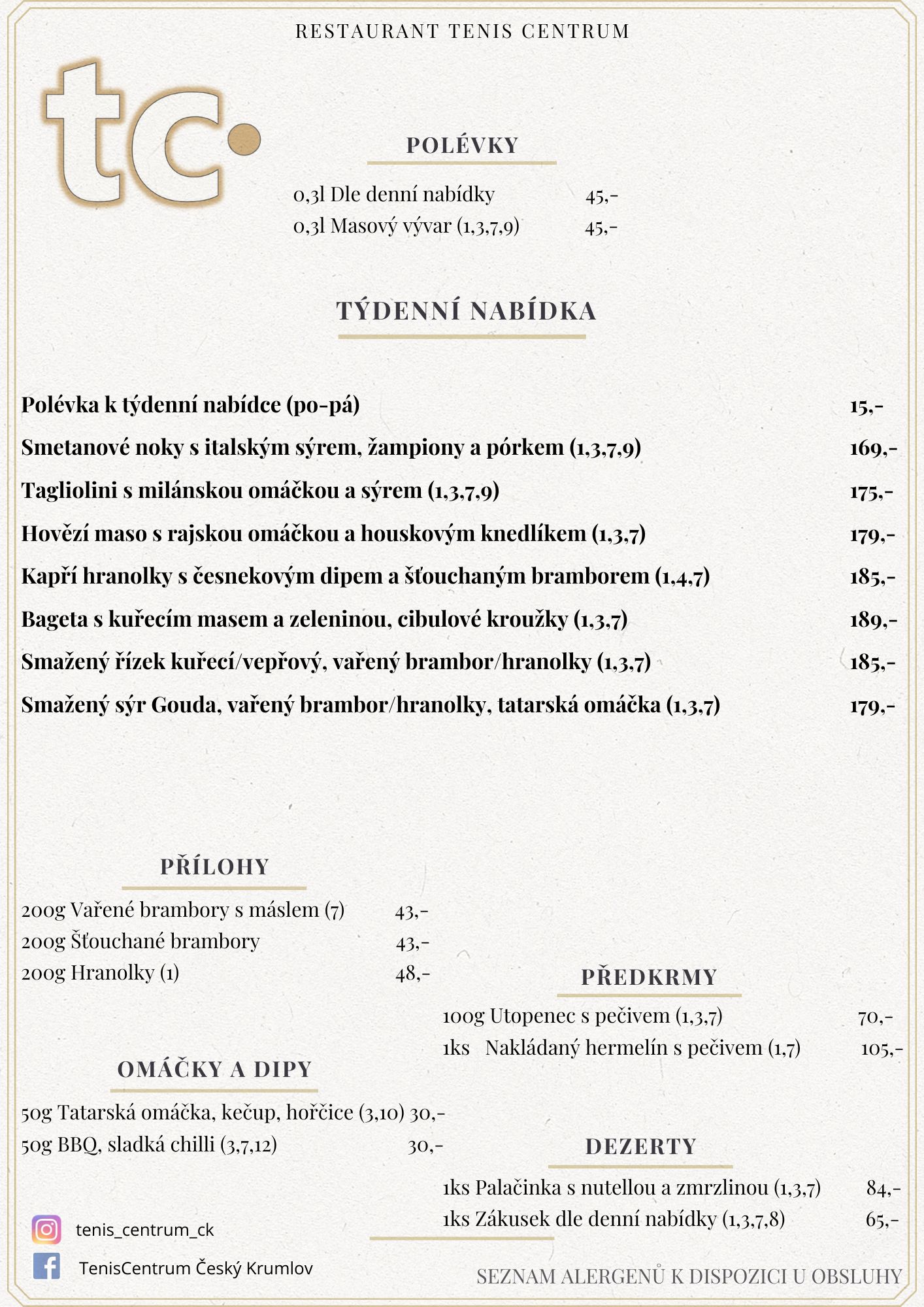 Speciální nabídka Restaurace TenisCentrum