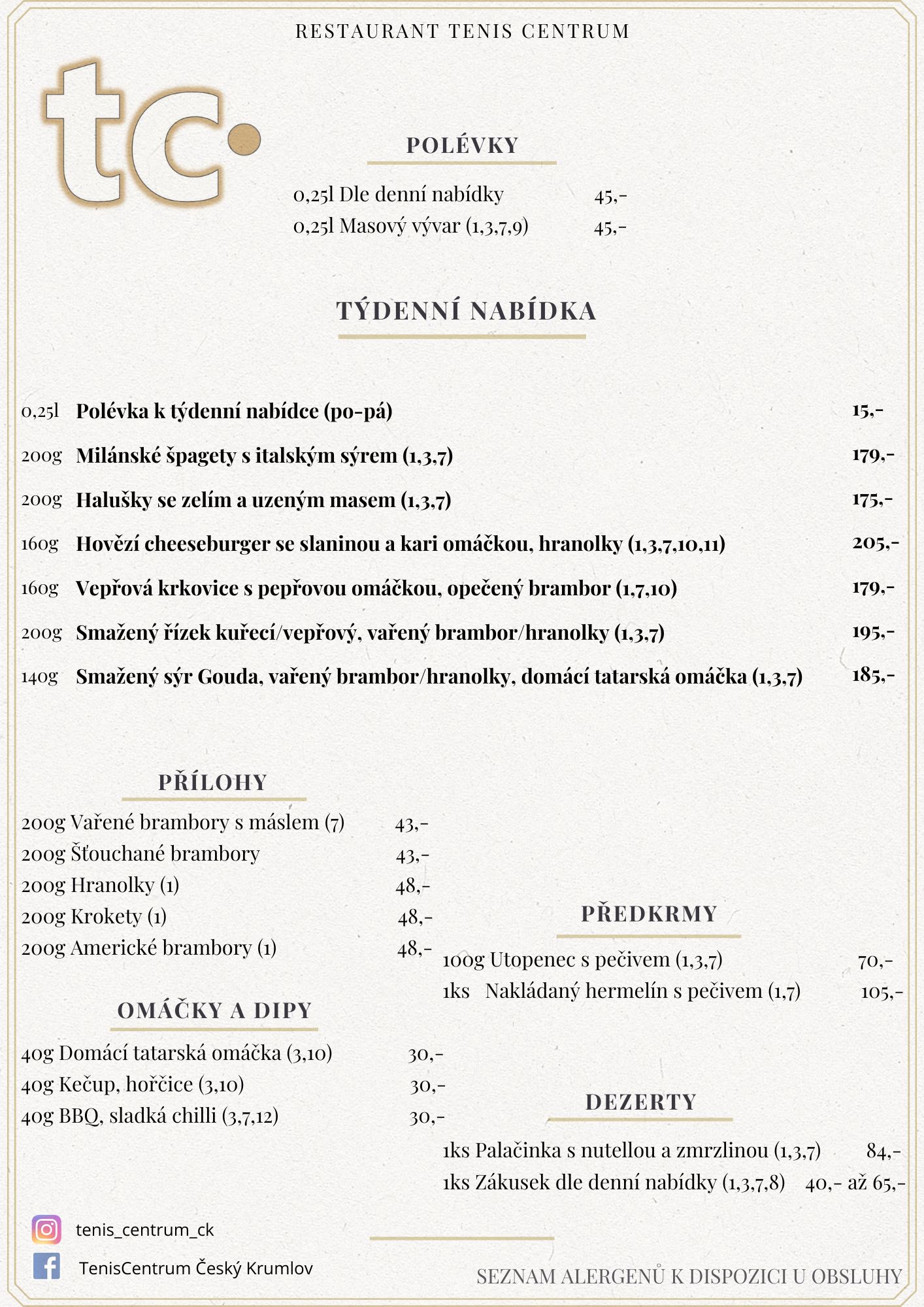 Speci&aacute;ln&iacute; nab&iacute;dka Restaurace TenisCentrum