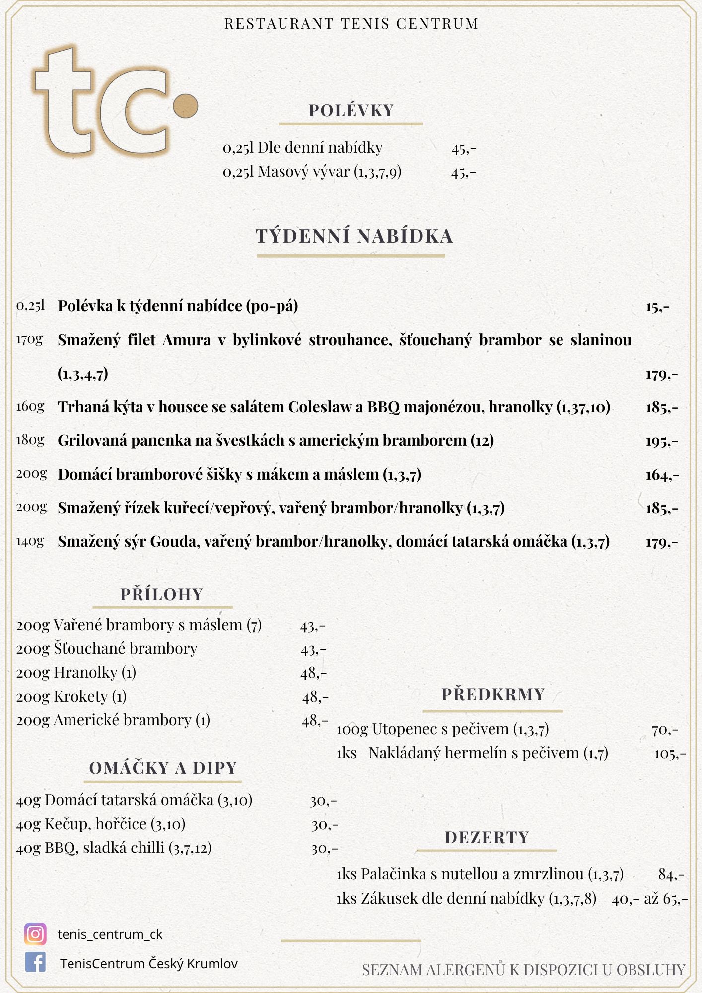 Speci&aacute;ln&iacute; nab&iacute;dka Restaurace TenisCentrum