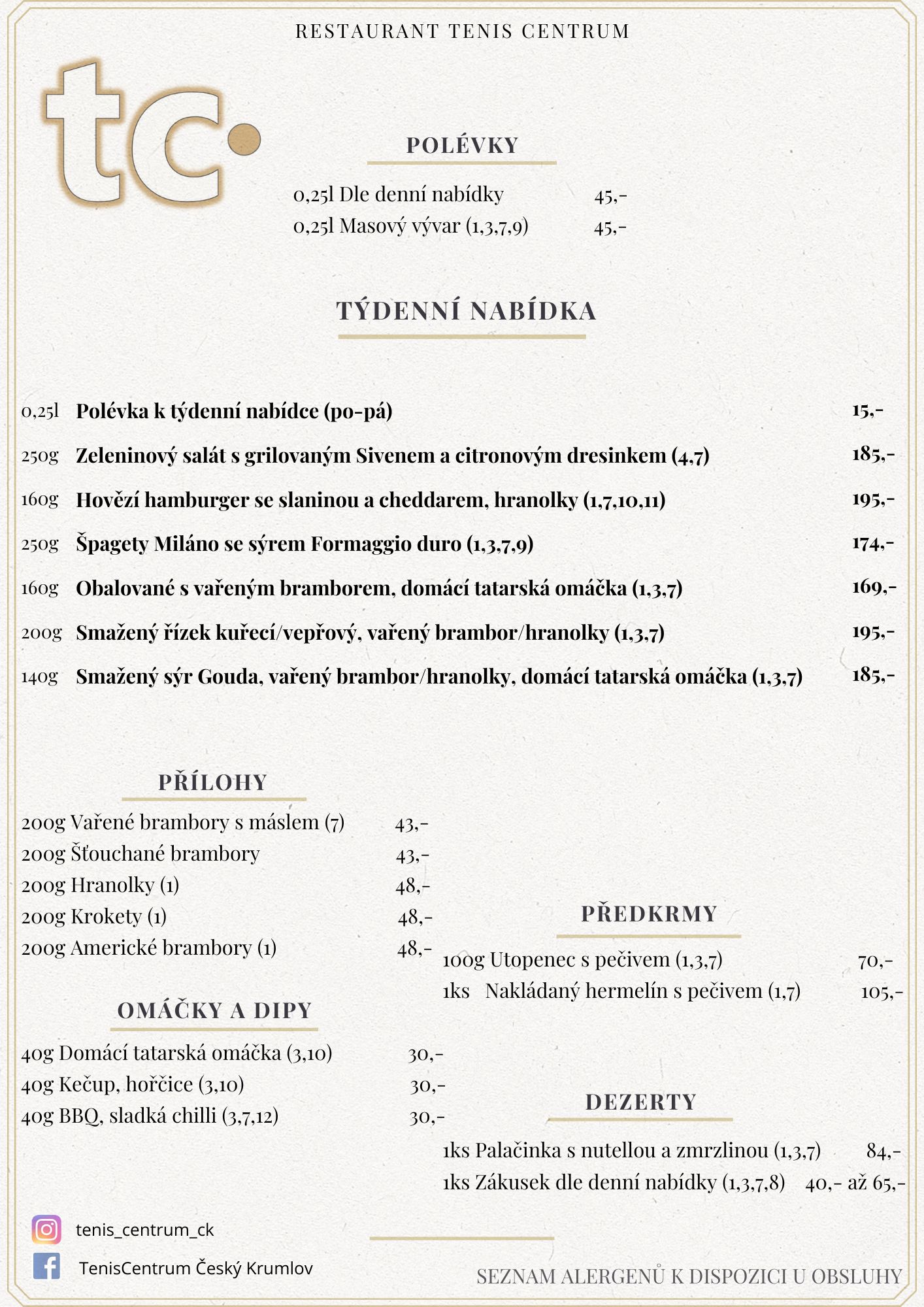 Speci&aacute;ln&iacute; nab&iacute;dka Restaurace TenisCentrum