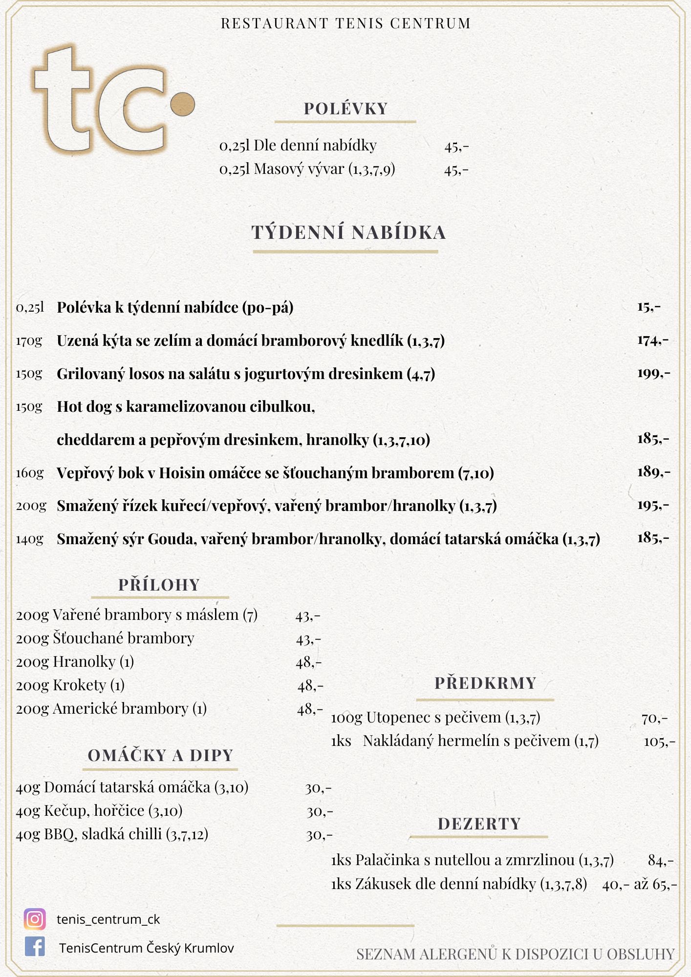 Speci&aacute;ln&iacute; nab&iacute;dka Restaurace TenisCentrum