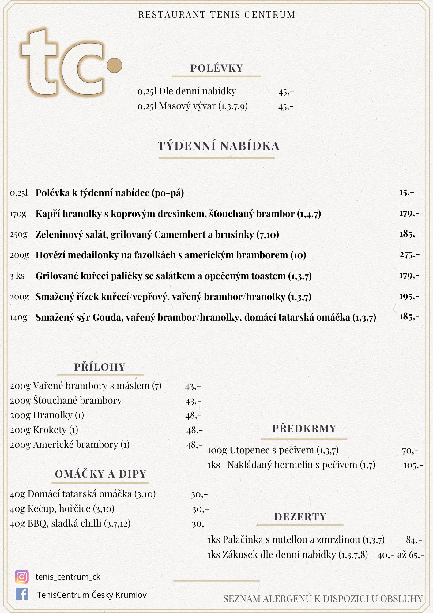 Speci&aacute;ln&iacute; nab&iacute;dka Restaurace TenisCentrum