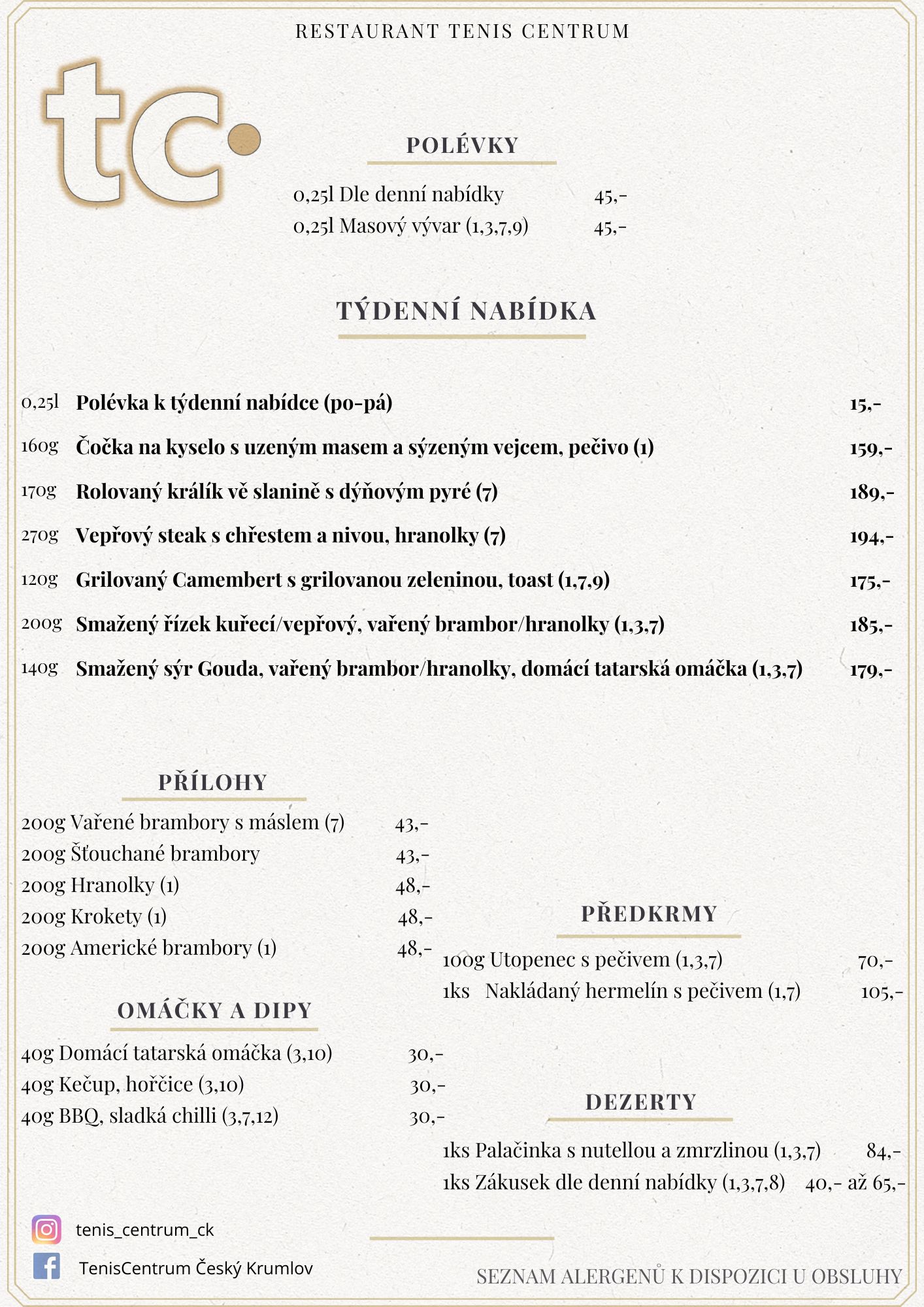 Speci&aacute;ln&iacute; nab&iacute;dka Restaurace TenisCentrum