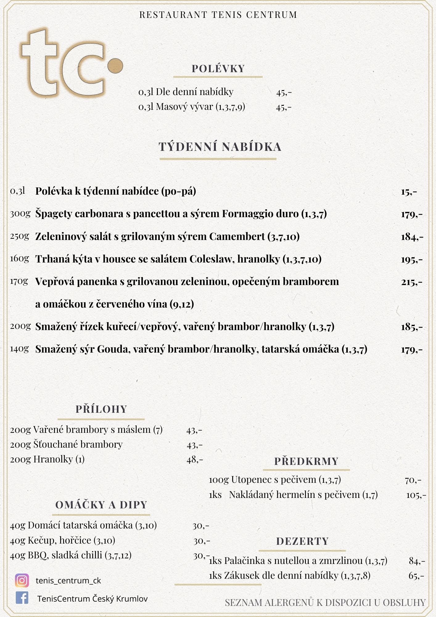 Speciální nabídka Restaurace TenisCentrum
