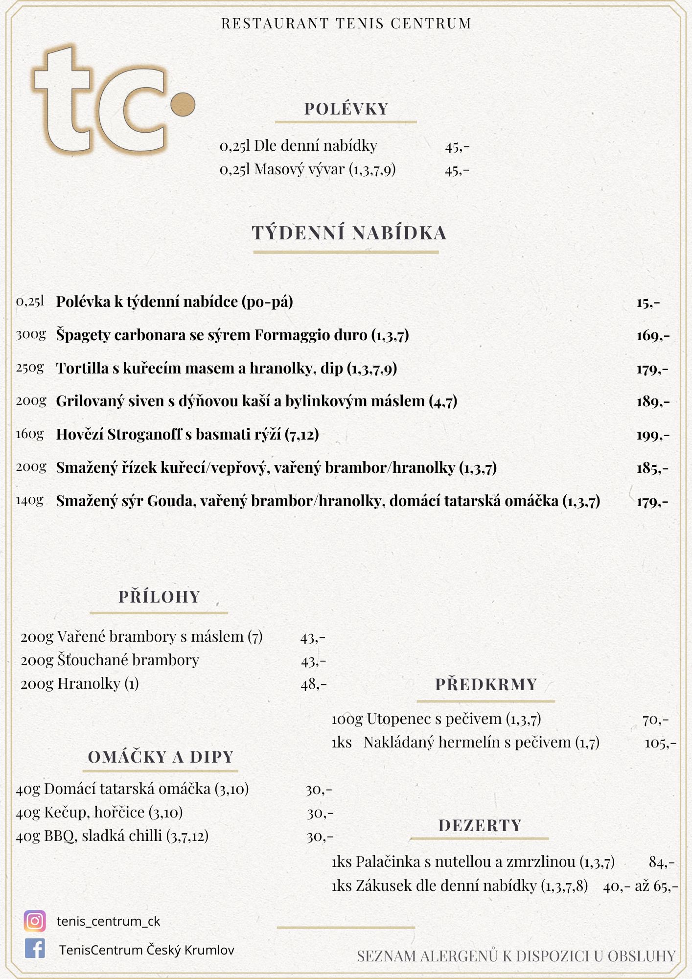 Speciální nabídka Restaurace TenisCentrum