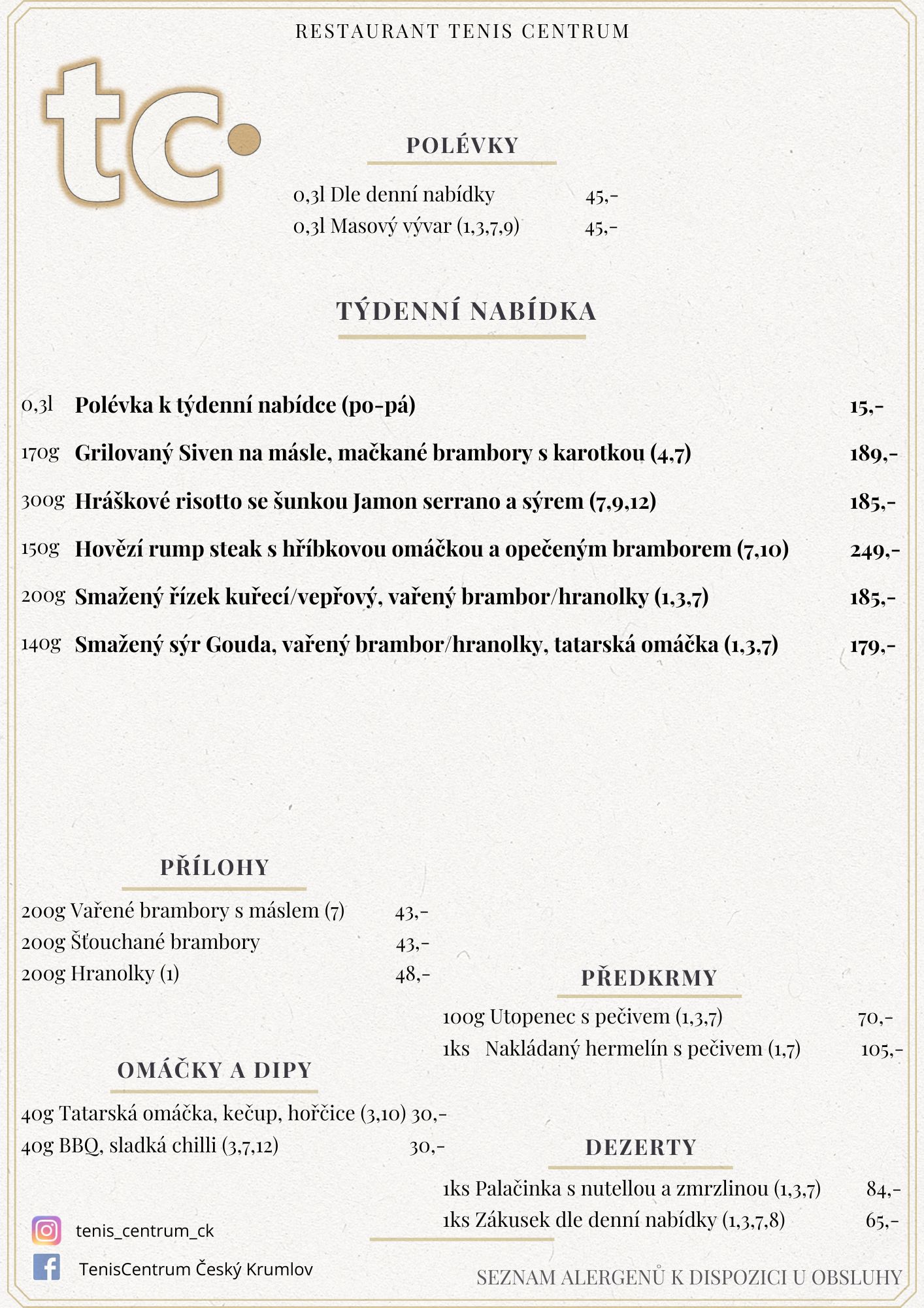 Speciální nabídka Restaurace TenisCentrum