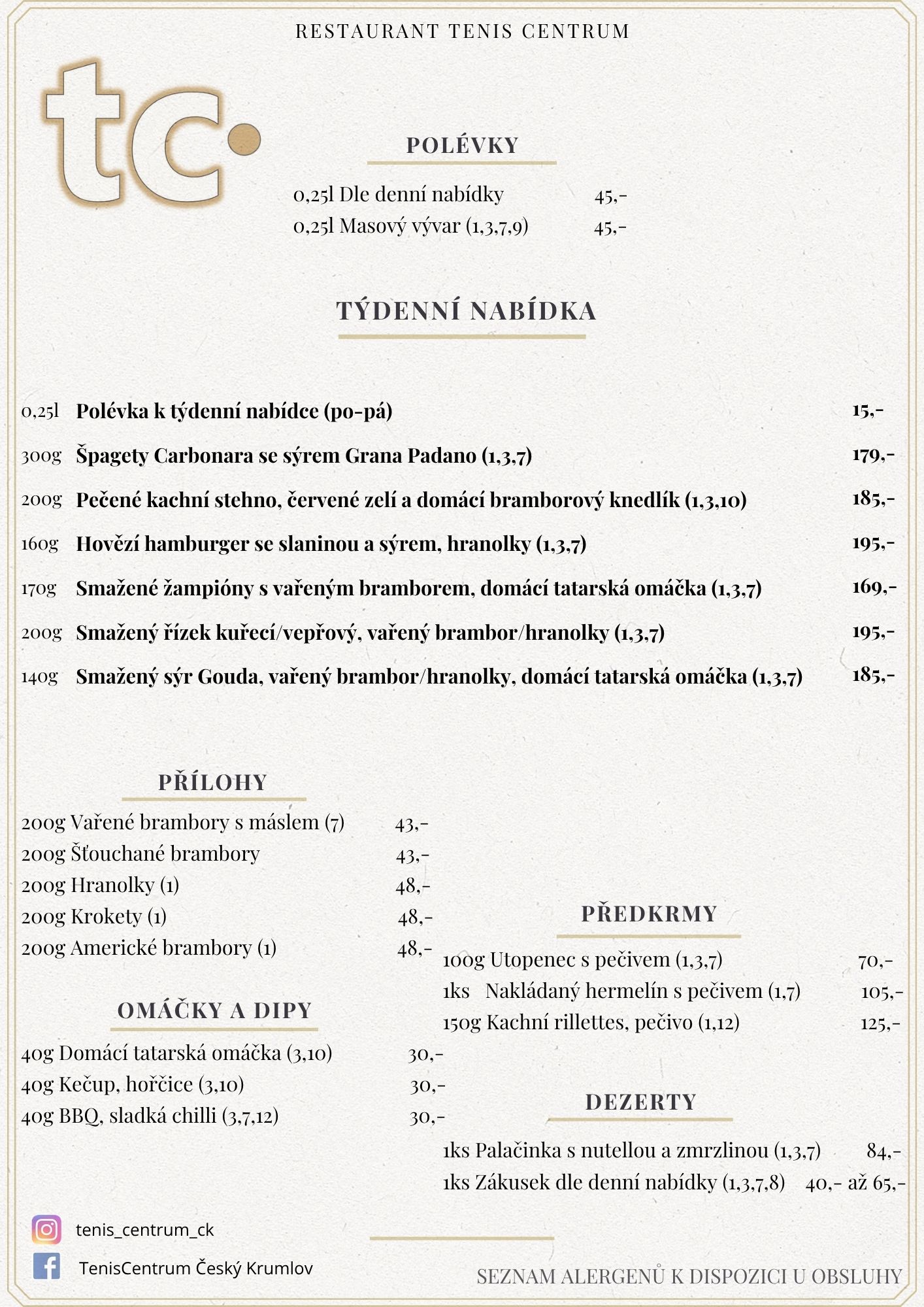 Speci&aacute;ln&iacute; nab&iacute;dka Restaurace TenisCentrum