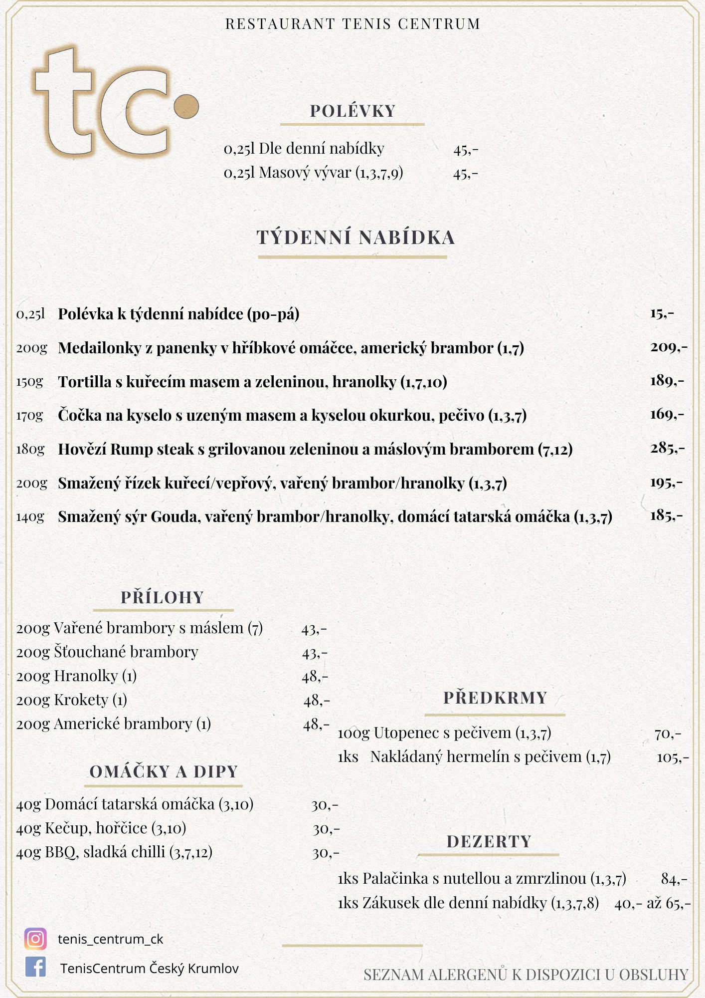Speci&aacute;ln&iacute; nab&iacute;dka Restaurace TenisCentrum
