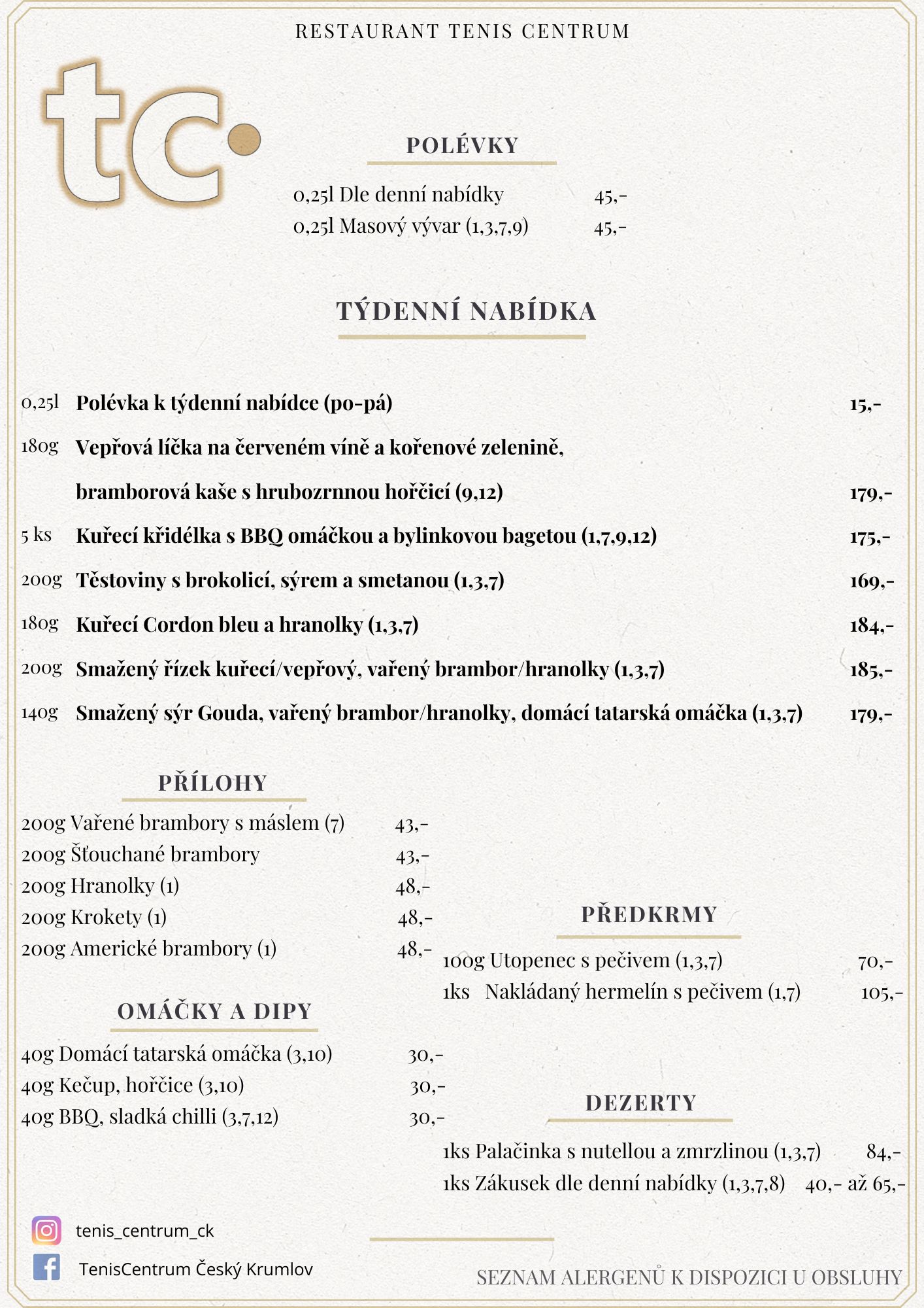 Speci&aacute;ln&iacute; nab&iacute;dka Restaurace TenisCentrum