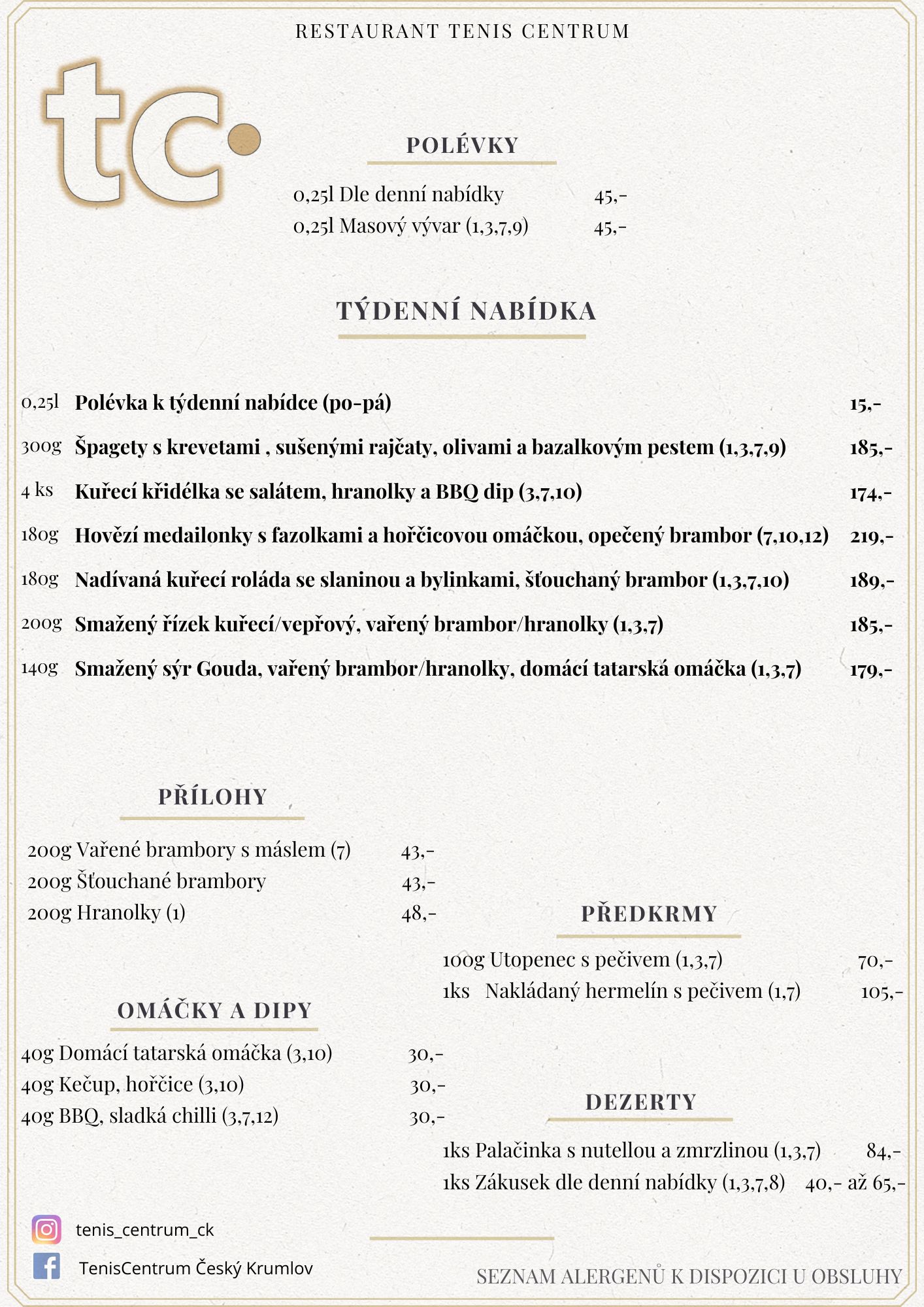 Speciální nabídka Restaurace TenisCentrum