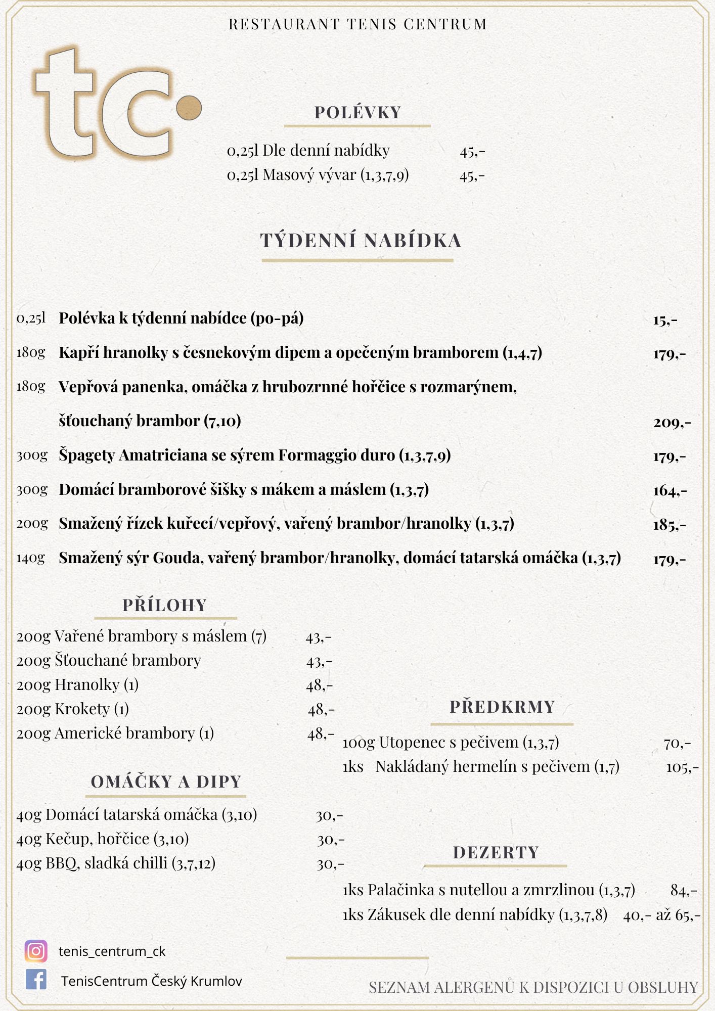 Speci&aacute;ln&iacute; nab&iacute;dka Restaurace TenisCentrum