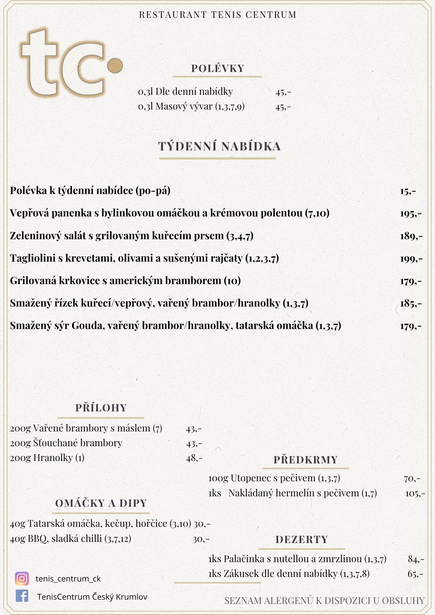 Speciální nabídka Restaurace TenisCentrum
