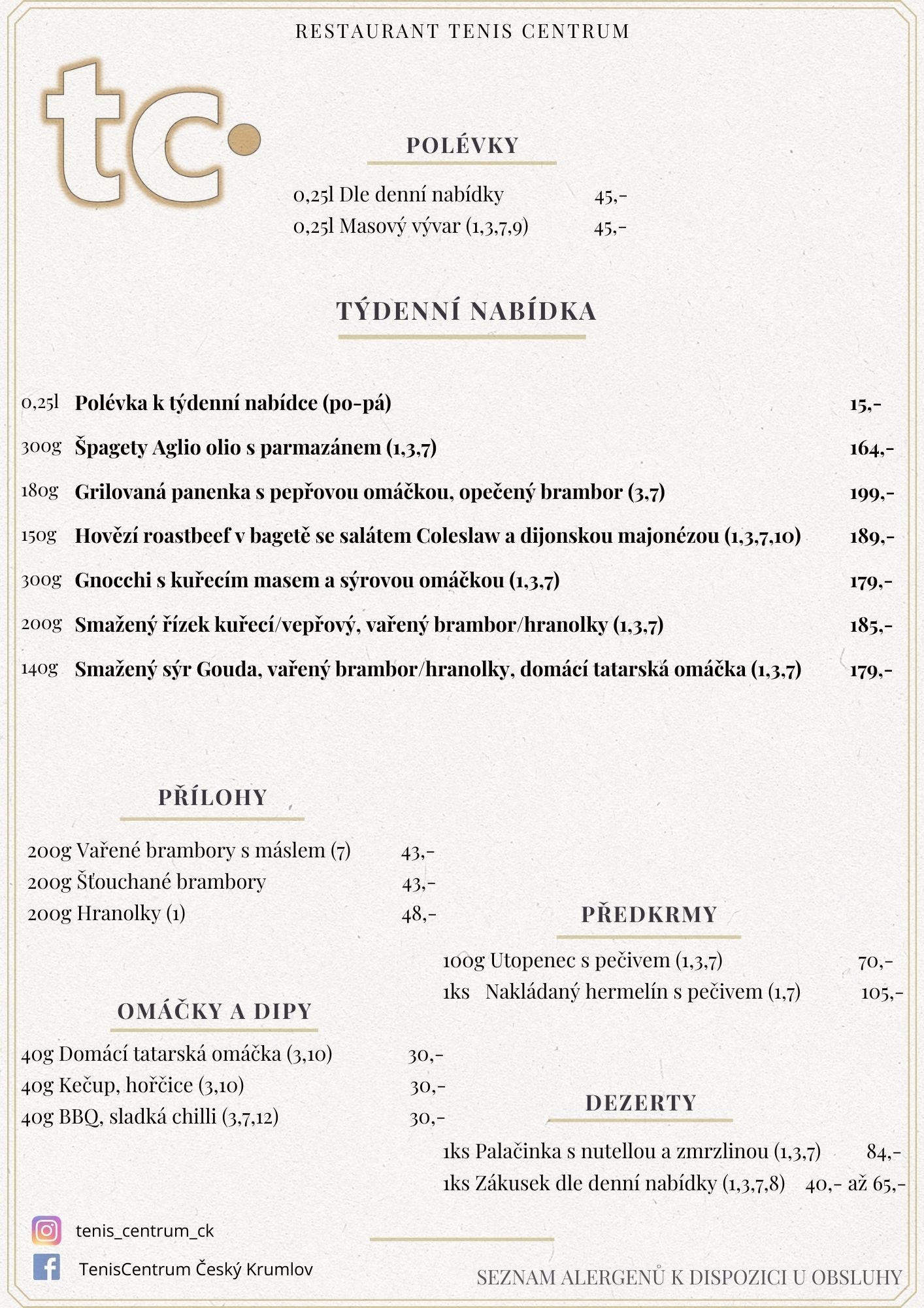 Speciální nabídka Restaurace TenisCentrum