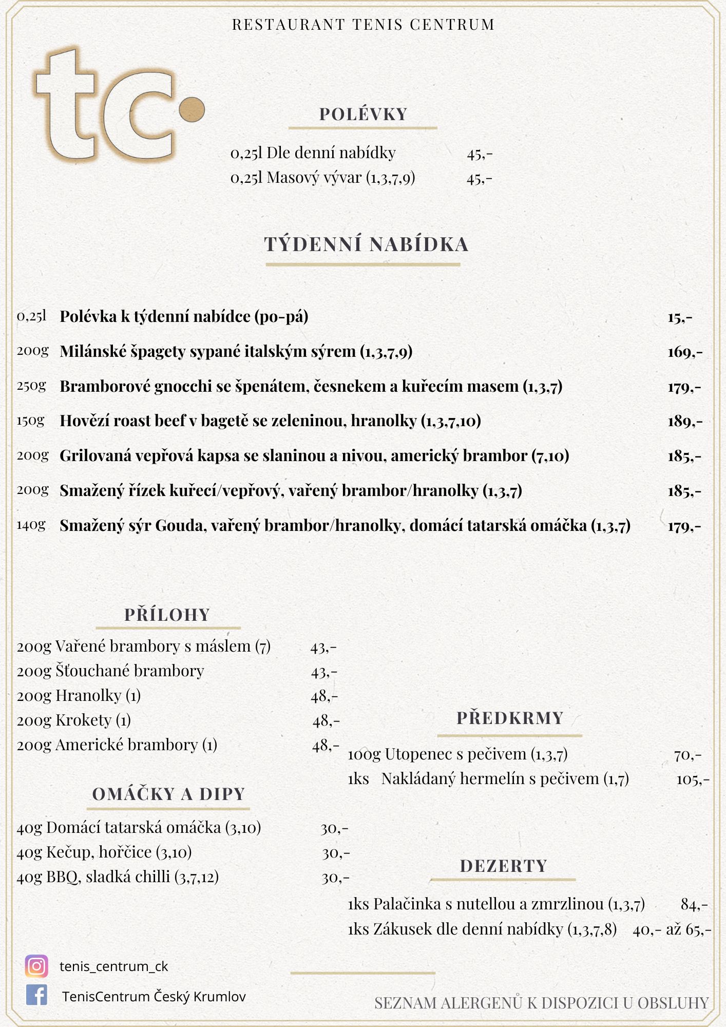 Speci&aacute;ln&iacute; nab&iacute;dka Restaurace TenisCentrum