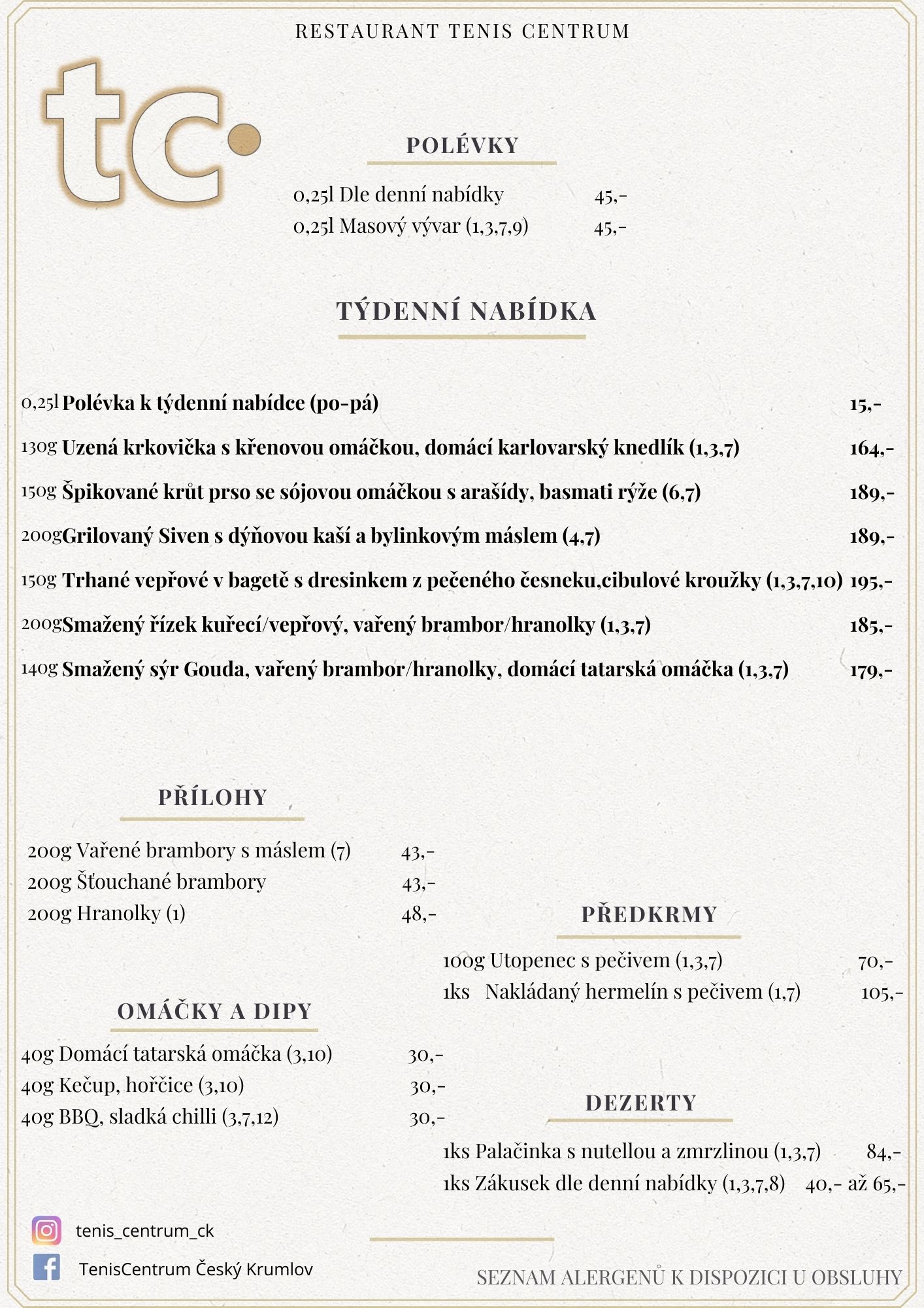 Speci&aacute;ln&iacute; nab&iacute;dka Restaurace TenisCentrum