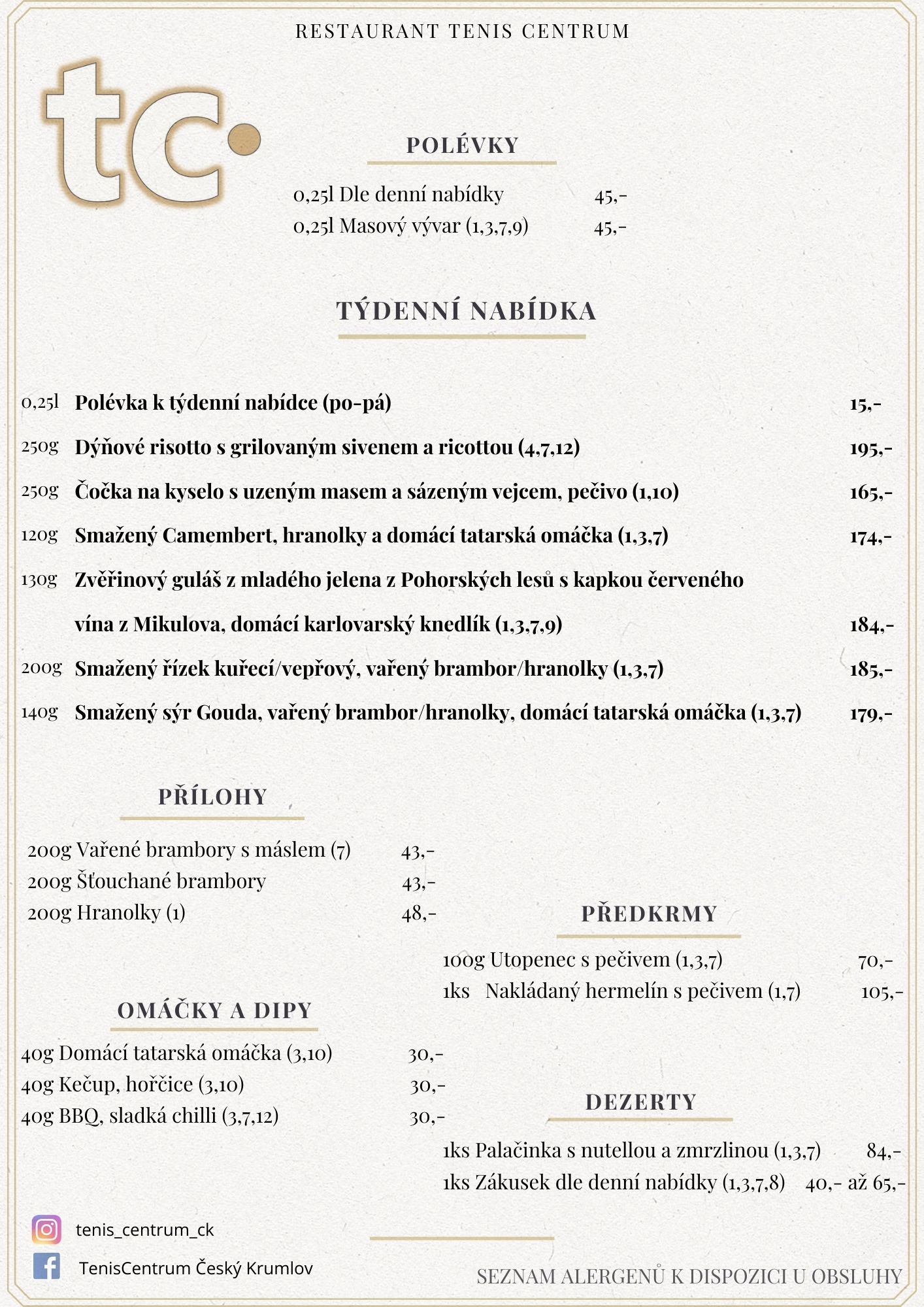 Speciální nabídka Restaurace TenisCentrum