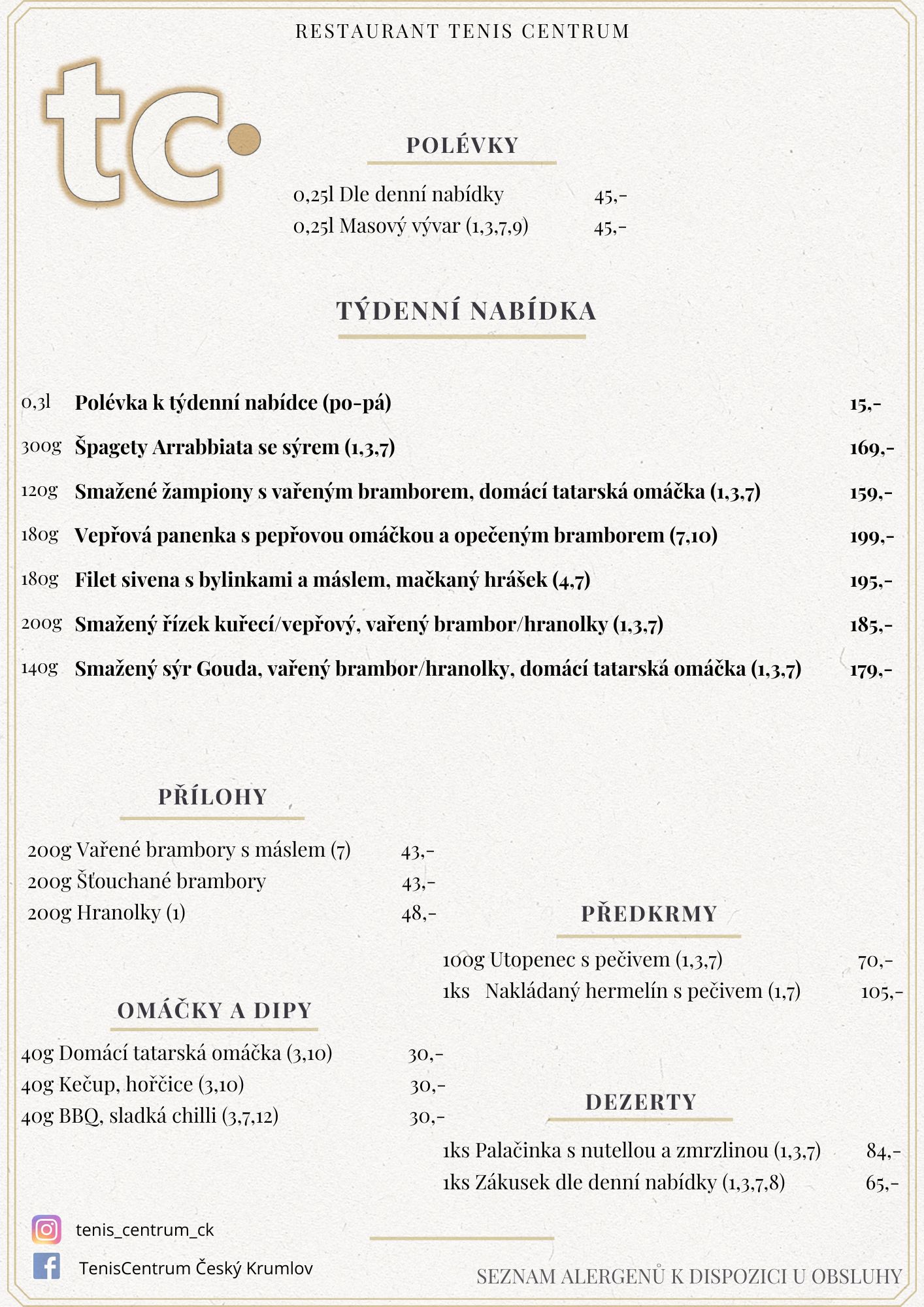 Speciální nabídka Restaurace TenisCentrum