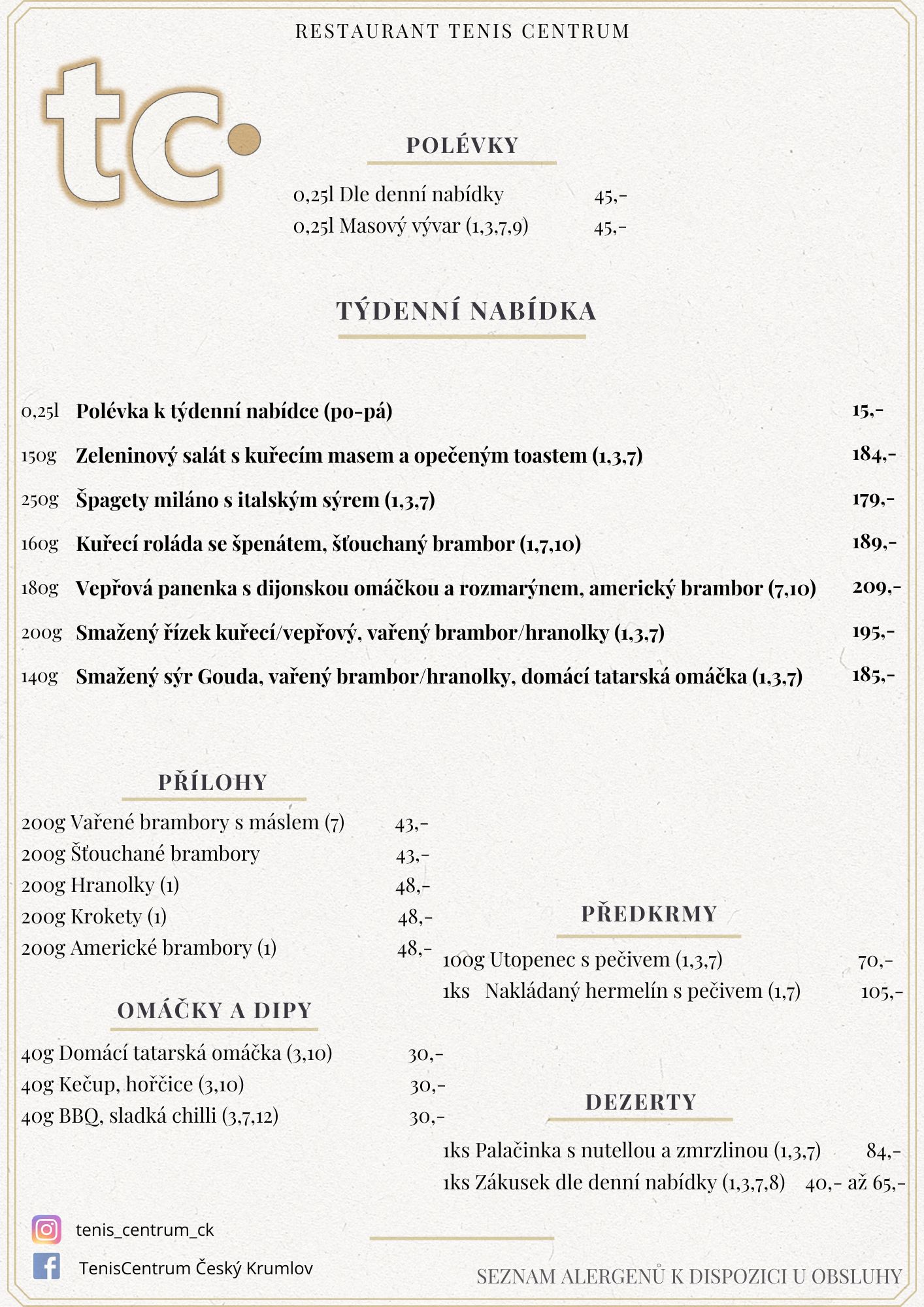 Speci&aacute;ln&iacute; nab&iacute;dka Restaurace TenisCentrum