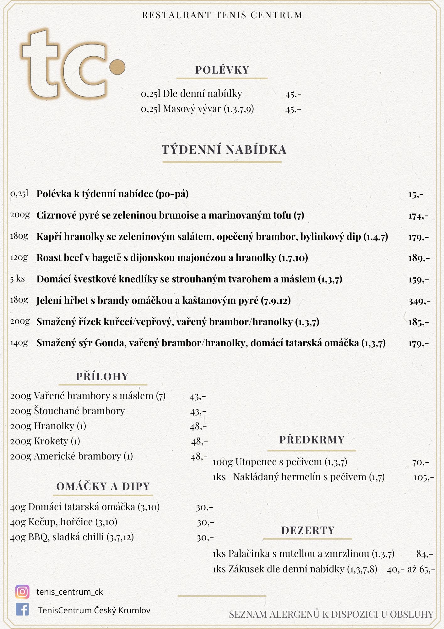 Speci&aacute;ln&iacute; nab&iacute;dka Restaurace TenisCentrum