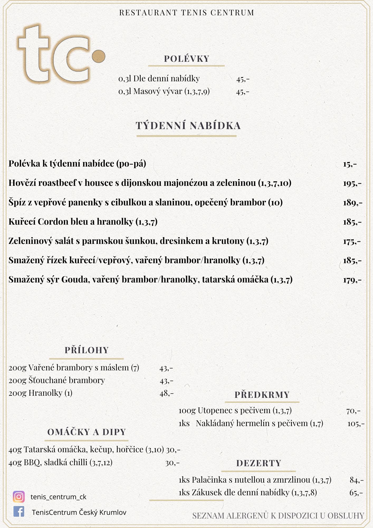Speciální nabídka Restaurace TenisCentrum