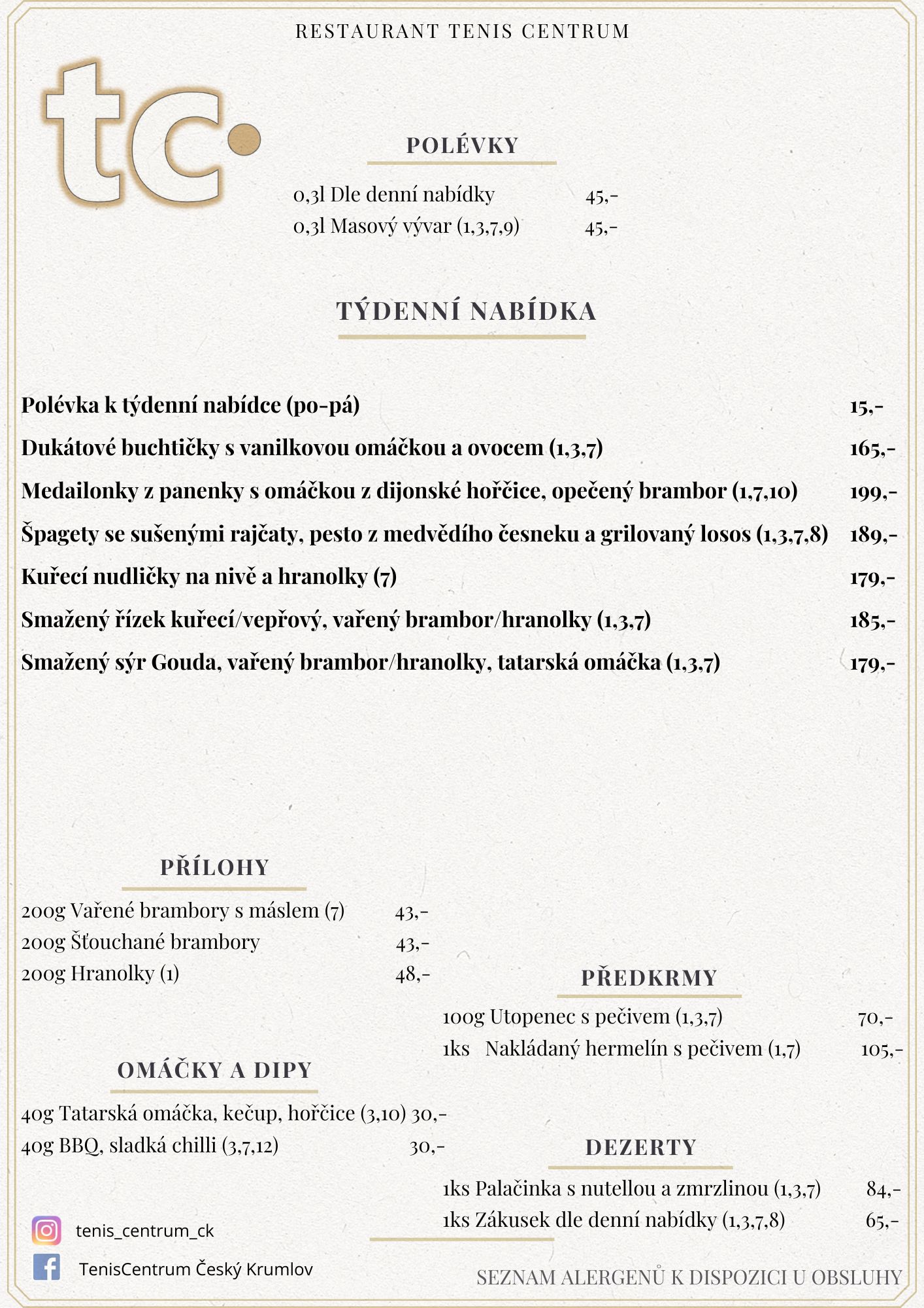 Speciální nabídka Restaurace TenisCentrum
