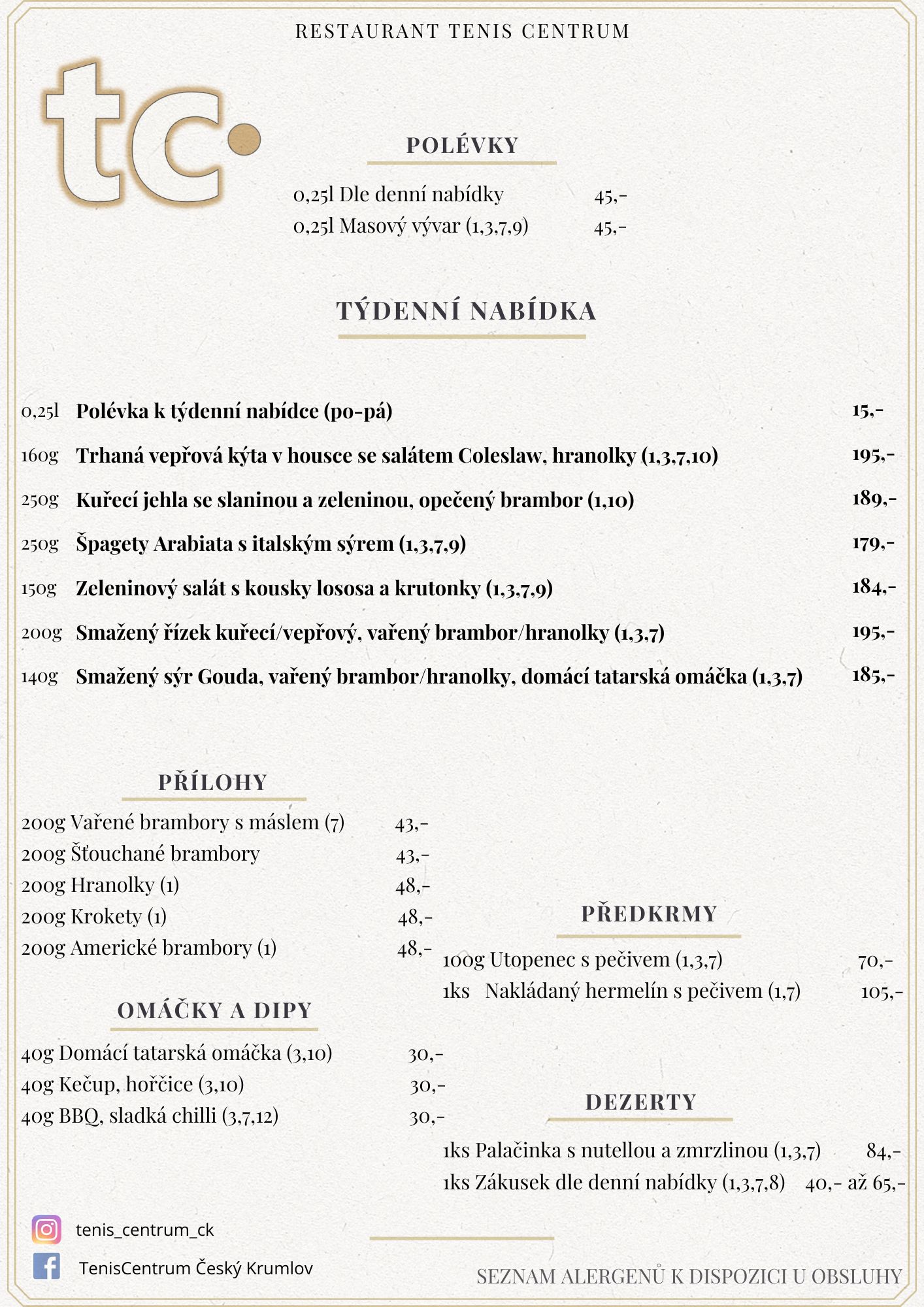 Speci&aacute;ln&iacute; nab&iacute;dka Restaurace TenisCentrum