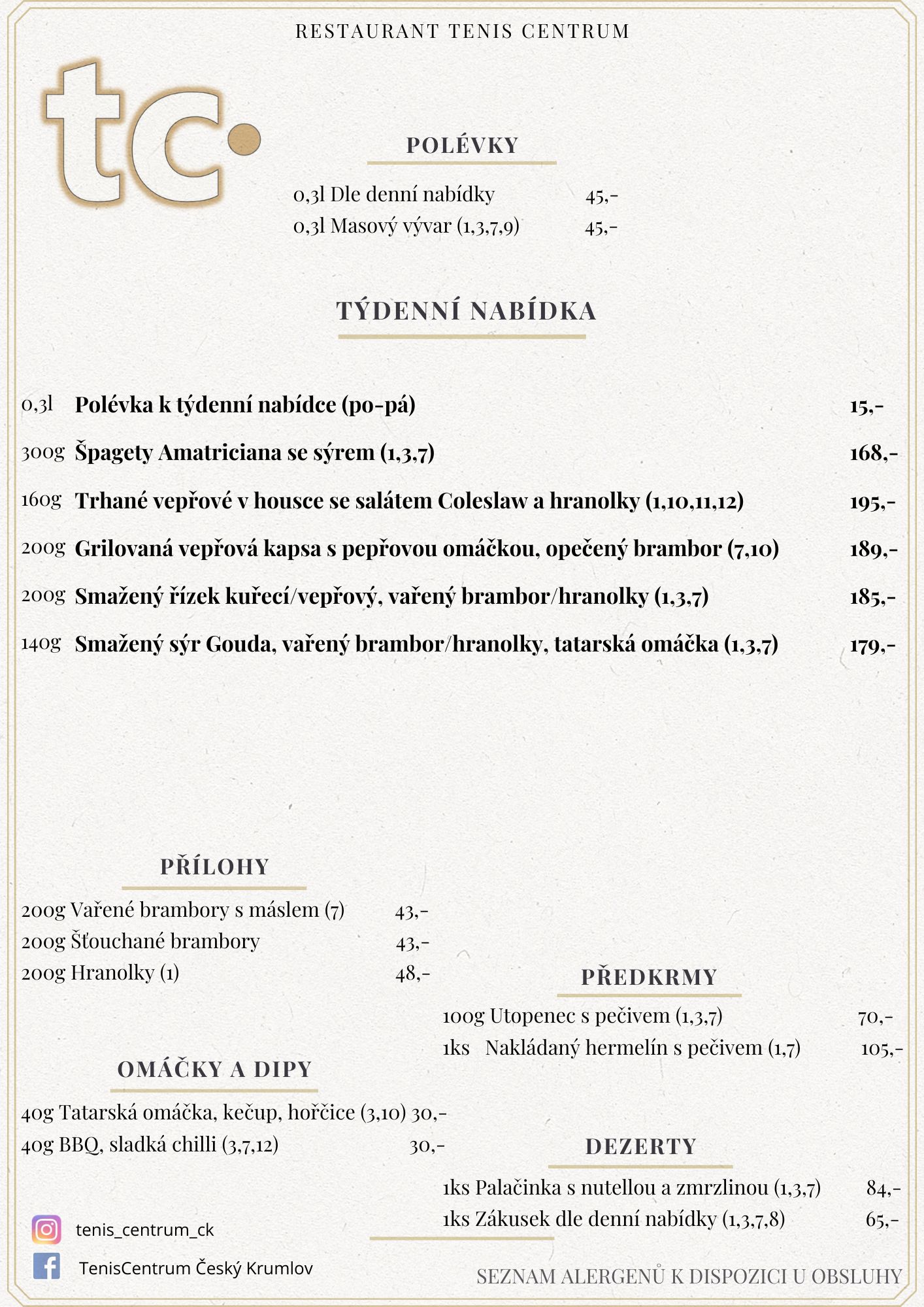 Speciální nabídka Restaurace TenisCentrum