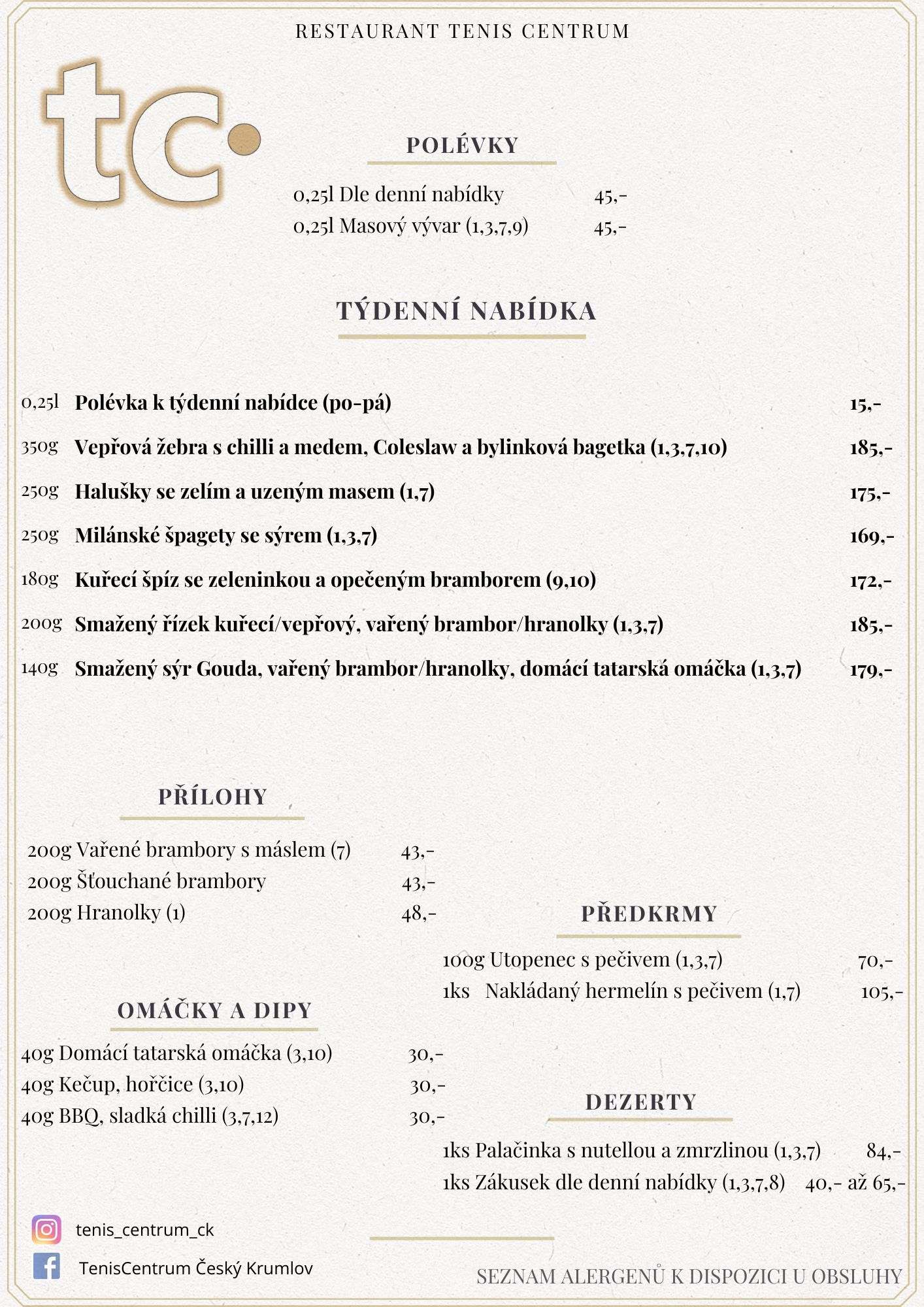 Speciální nabídka Restaurace TenisCentrum