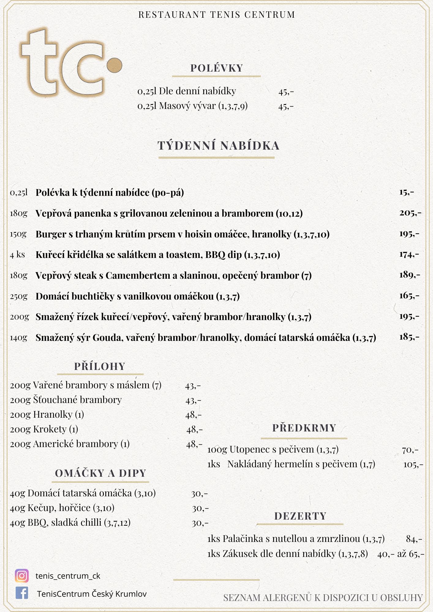 Speci&aacute;ln&iacute; nab&iacute;dka Restaurace TenisCentrum