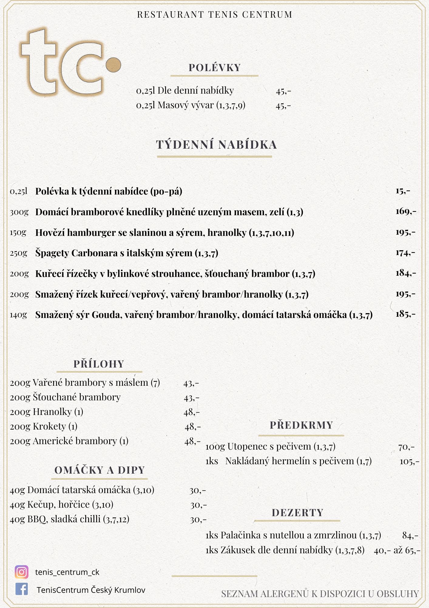 Speci&aacute;ln&iacute; nab&iacute;dka Restaurace TenisCentrum