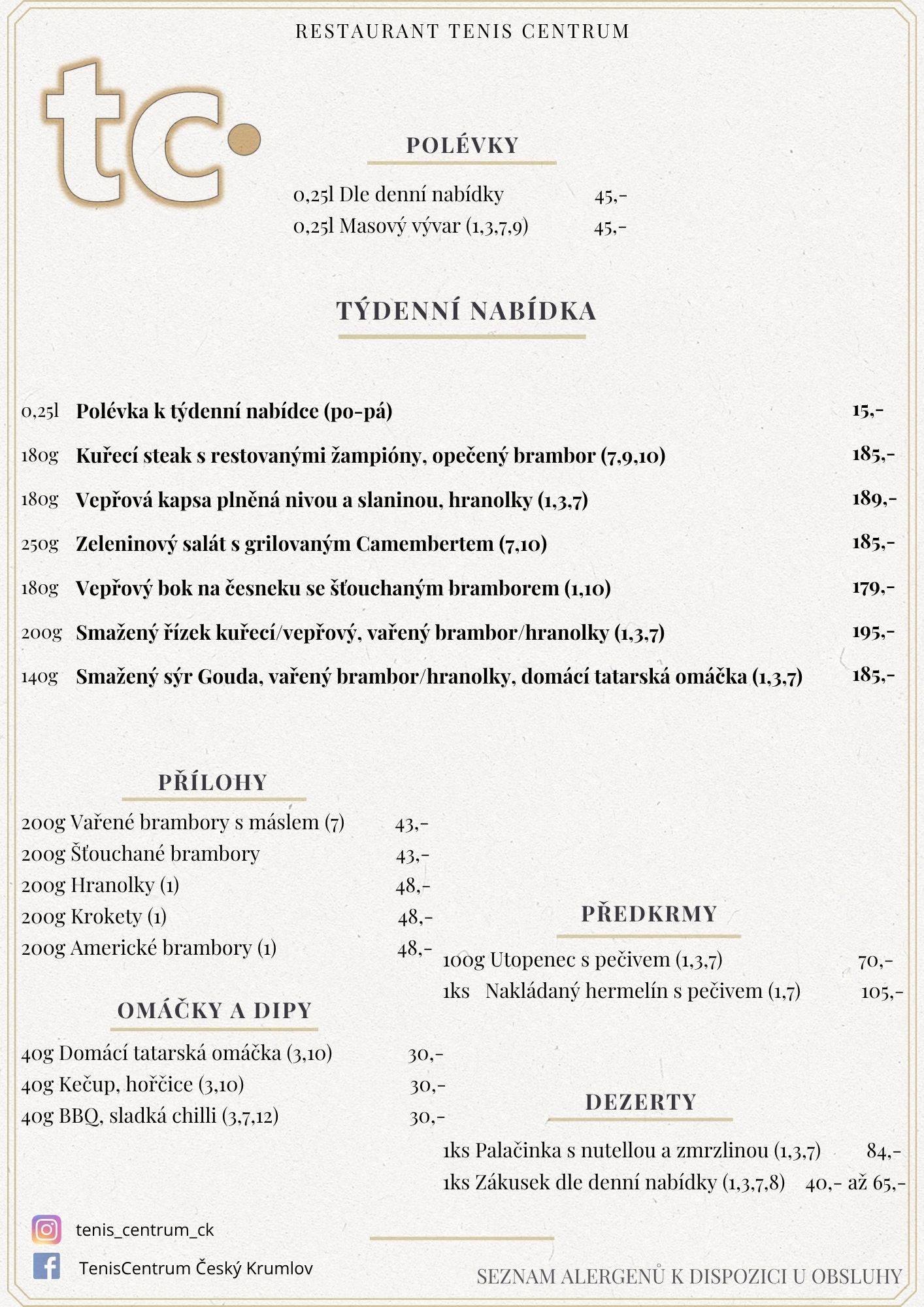 Speci&aacute;ln&iacute; nab&iacute;dka Restaurace TenisCentrum
