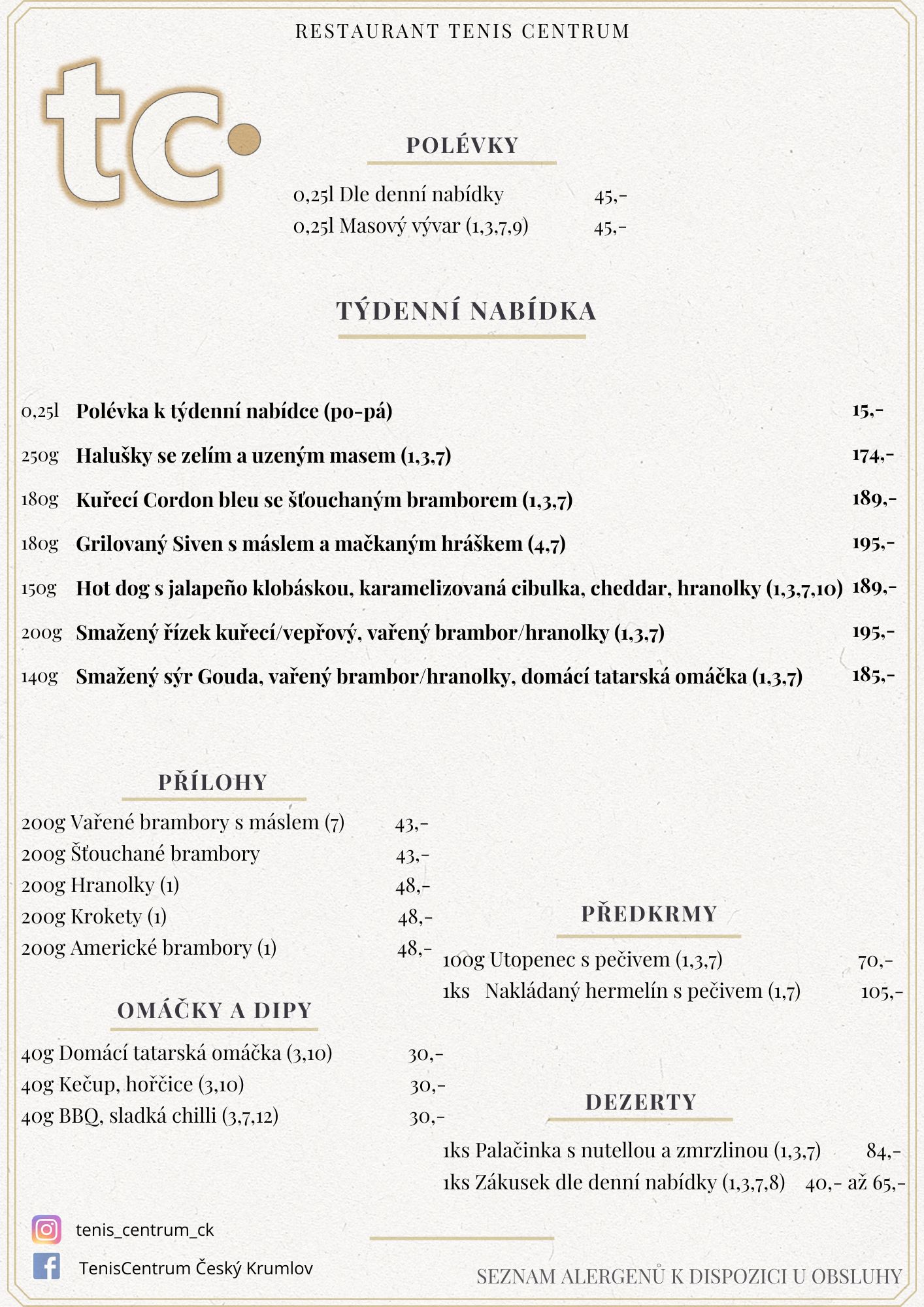 Speci&aacute;ln&iacute; nab&iacute;dka Restaurace TenisCentrum
