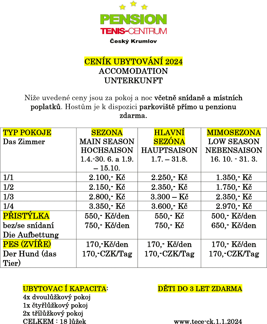 Penzion Tenis-Centrum Český Krumlov - ceník 2024