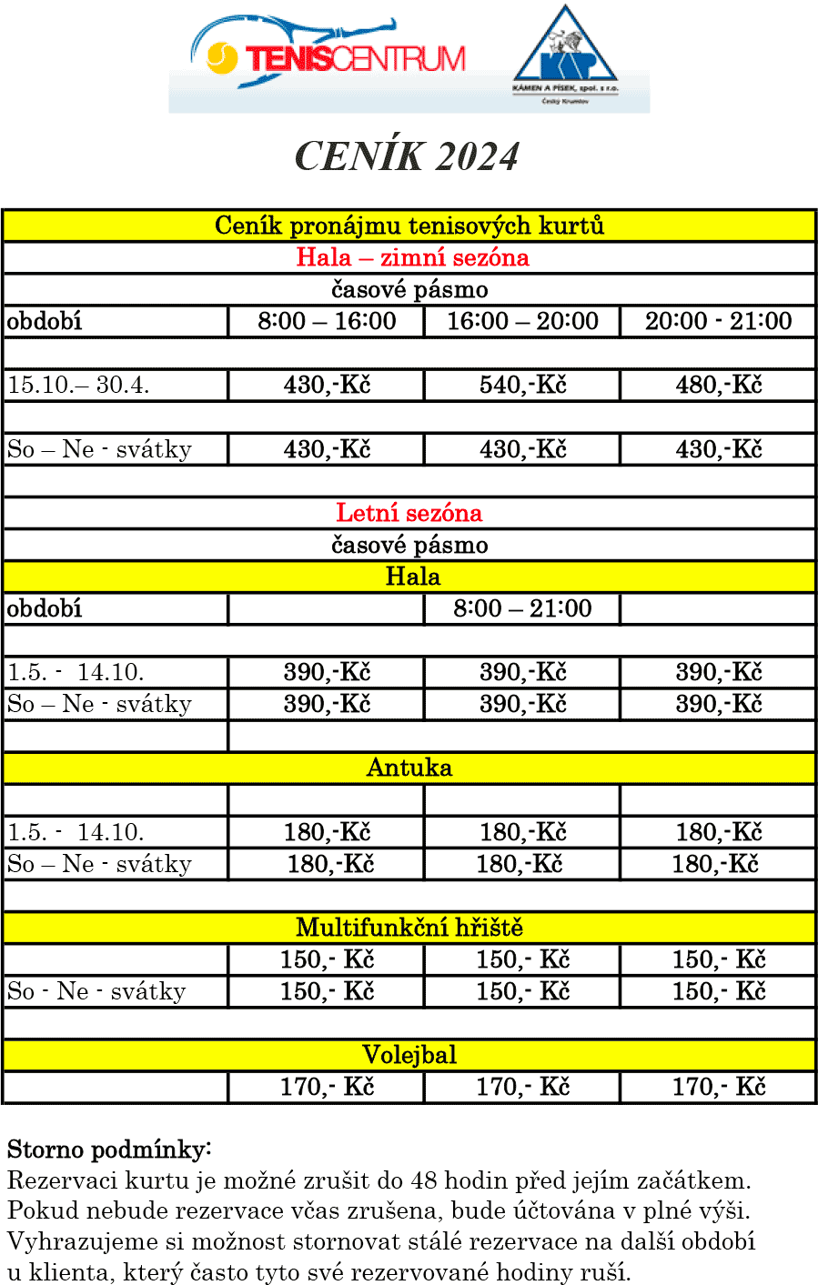 Tenis-Centrum Český Krumlov - ceník 2024 - tenis a sportovní služby