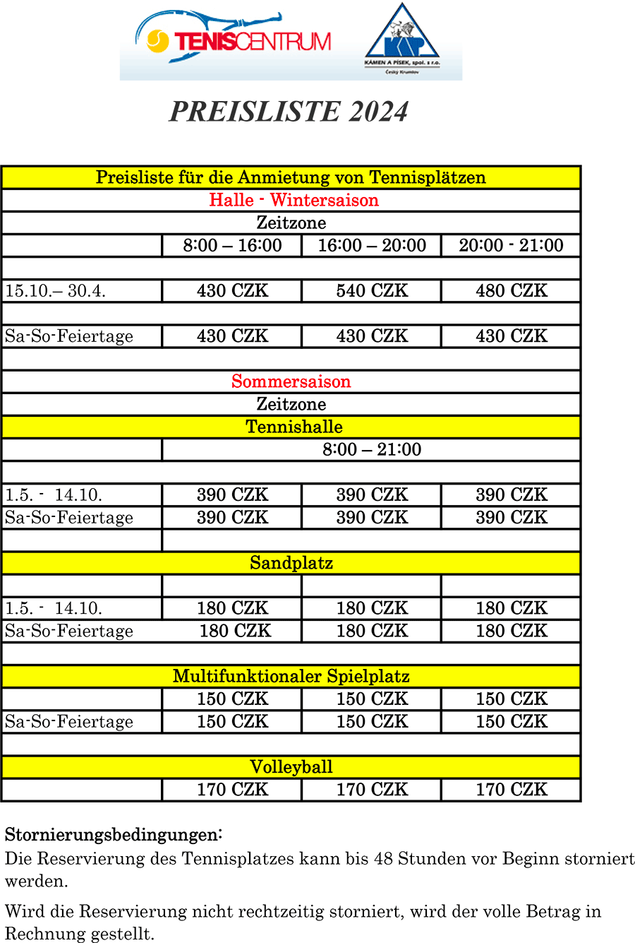 Tenis-Centrum Český Krumlov - Preisliste 2024
