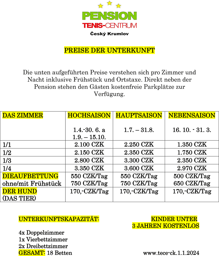 Pension Tenis-Centrum Český Krumlov - Preisliste 2024