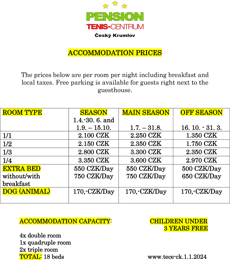 Pension Tenis-Centrum Český Krumlov - Price list 2024