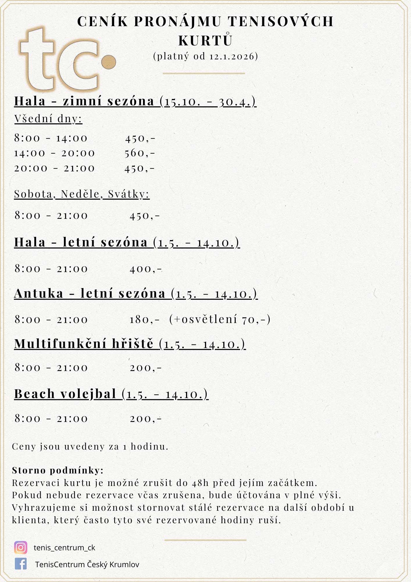 Tennis-Centrum Český Krumlov - price list 2026 - tennis and sports services